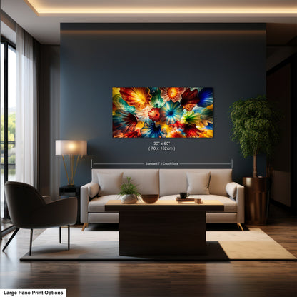 A modern living room with a large, colorful abstract painting hanging on the wall above a white sofa.