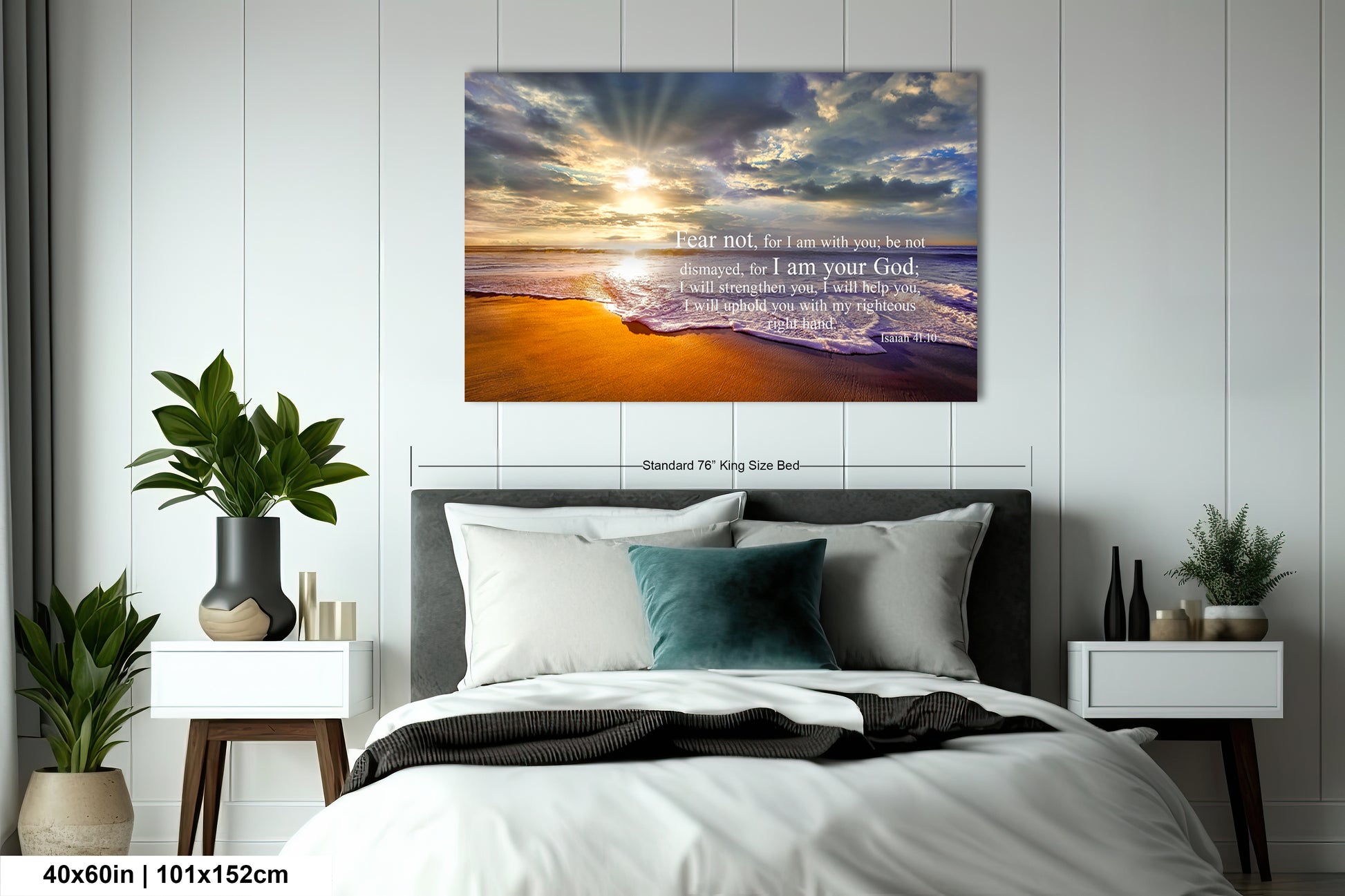 a bedroom with a bed and a painting on the wall