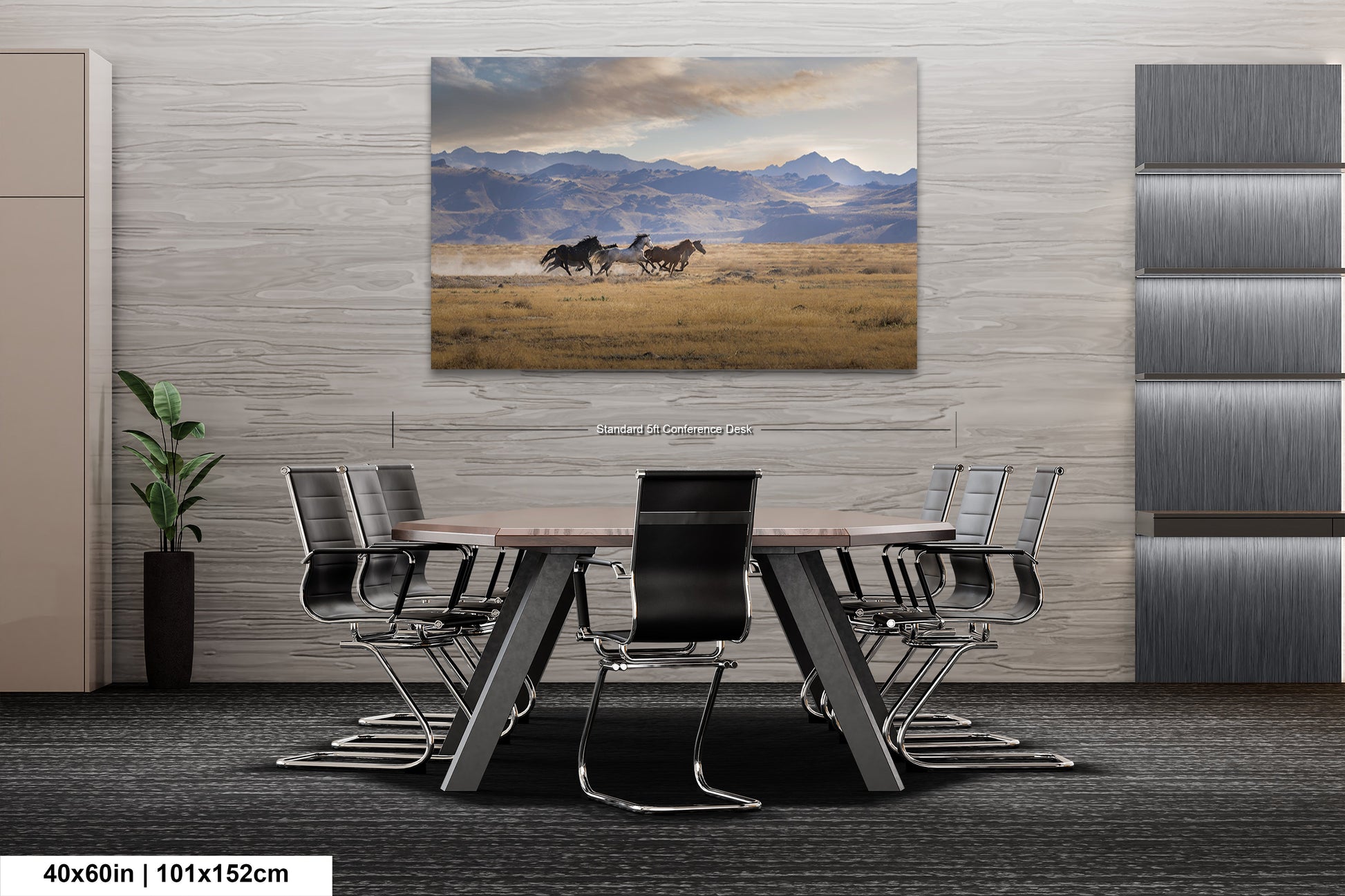 a dining room table with chairs and a painting on the wall