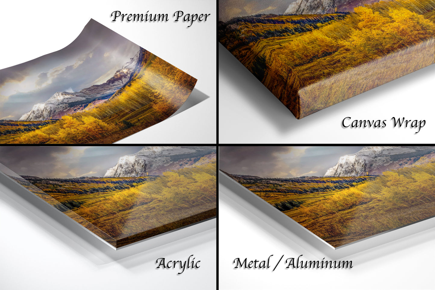 a series of four photos of a mountain range