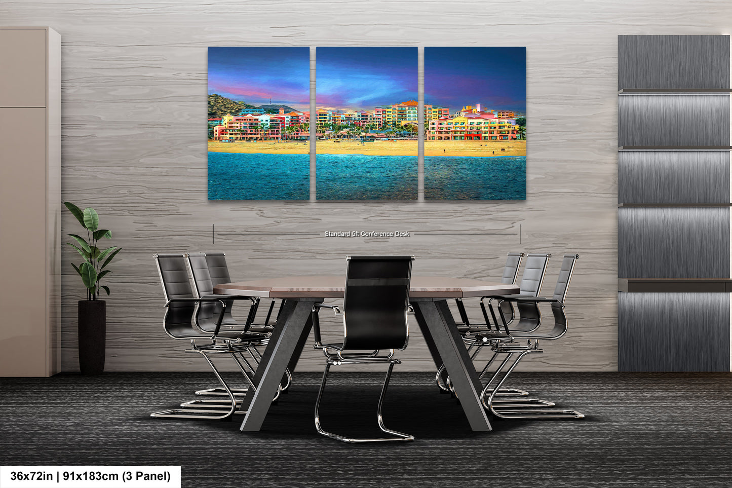 a dining room table with chairs and a painting on the wall
