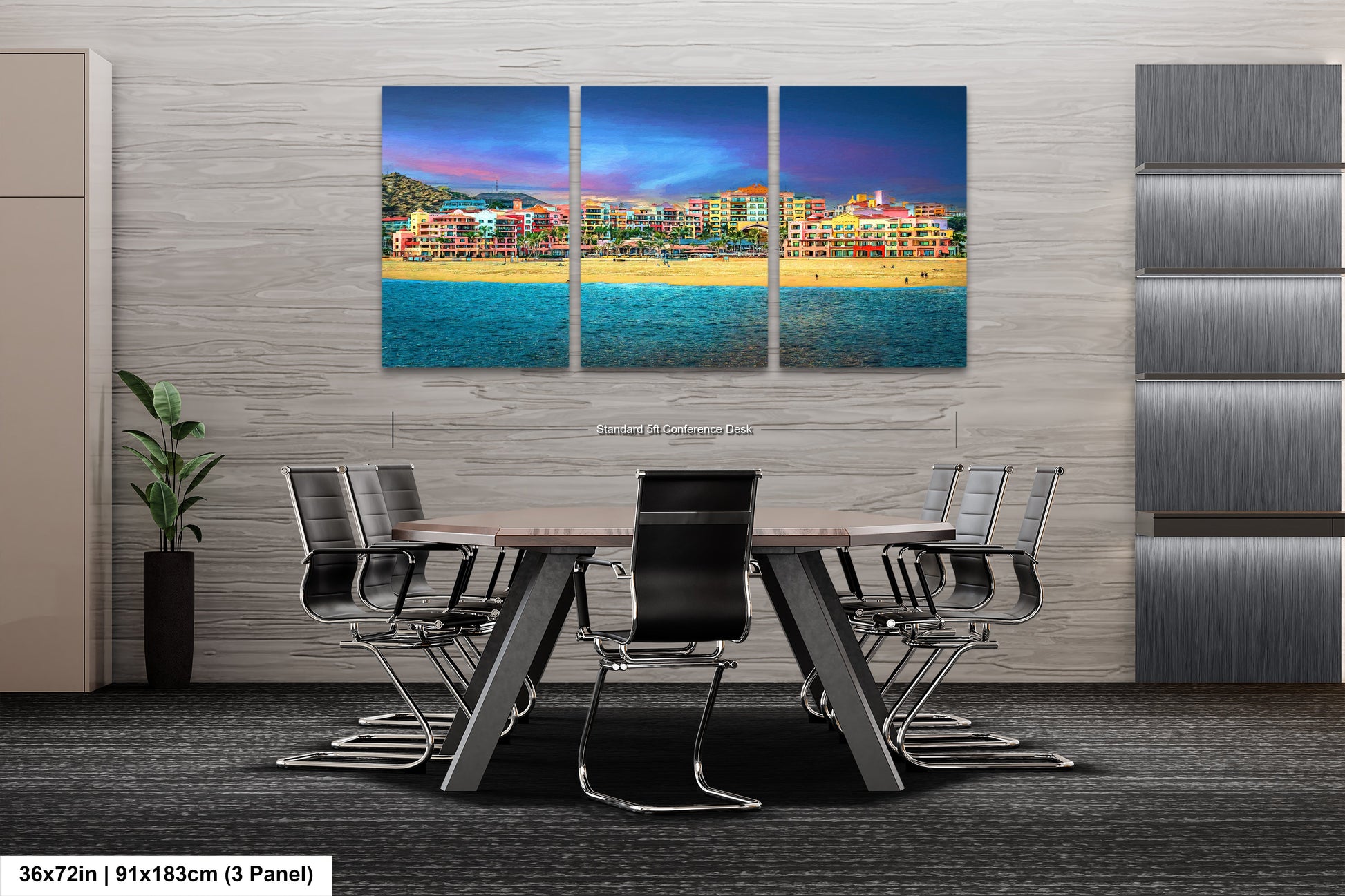 a dining room table with chairs and a painting on the wall
