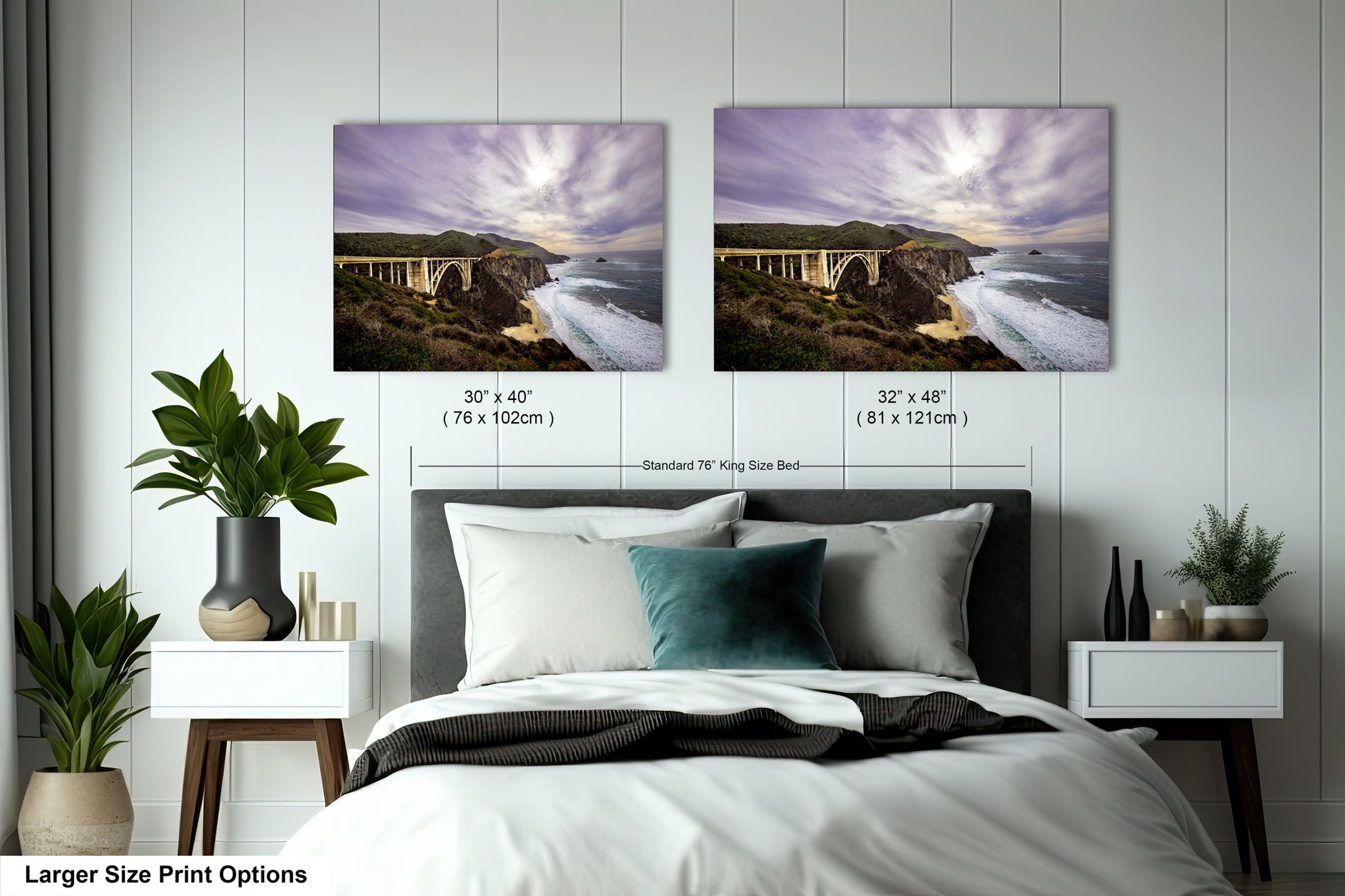 a bedroom with a bed and two pictures on the wall