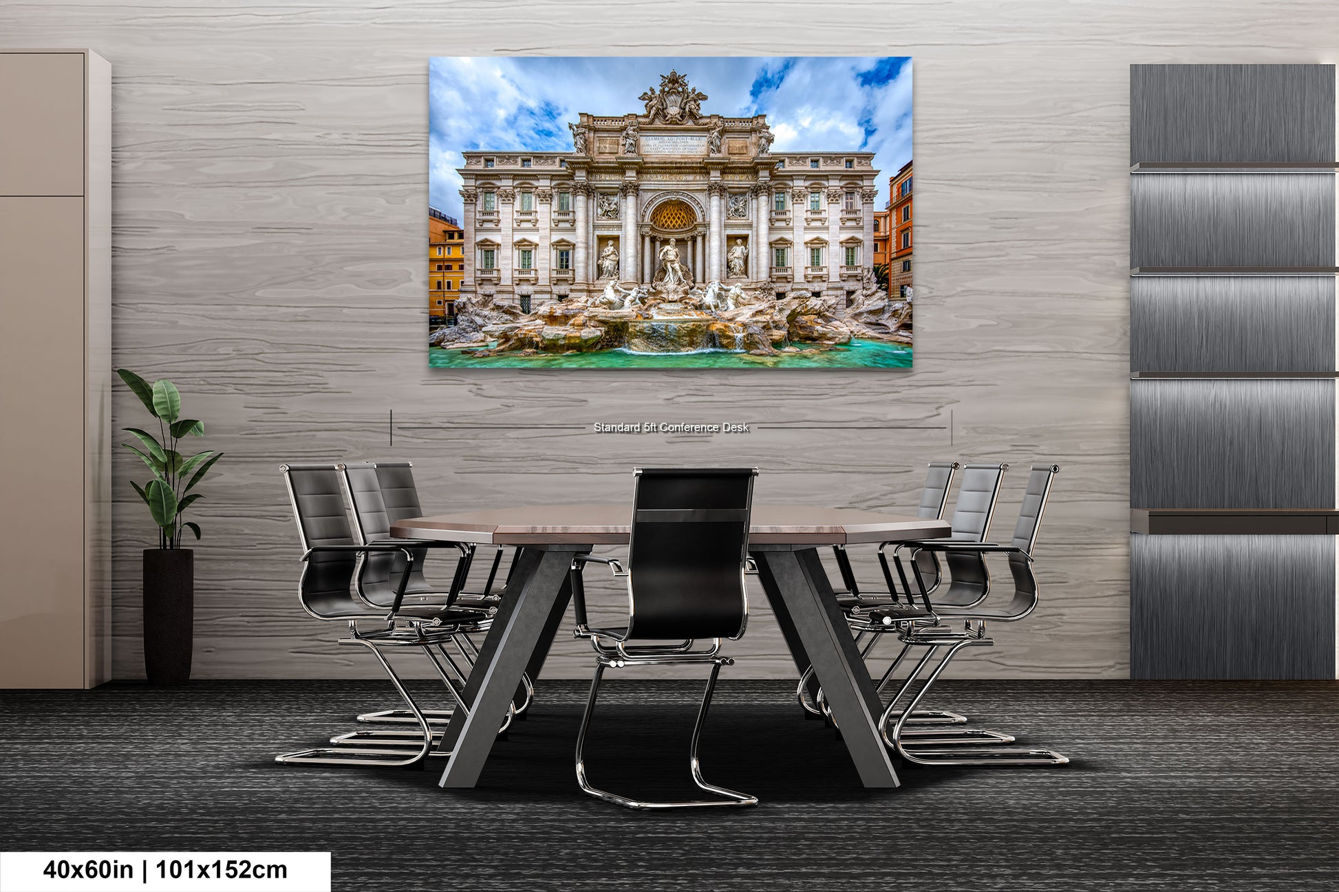 a room with a table and chairs and a painting on the wall