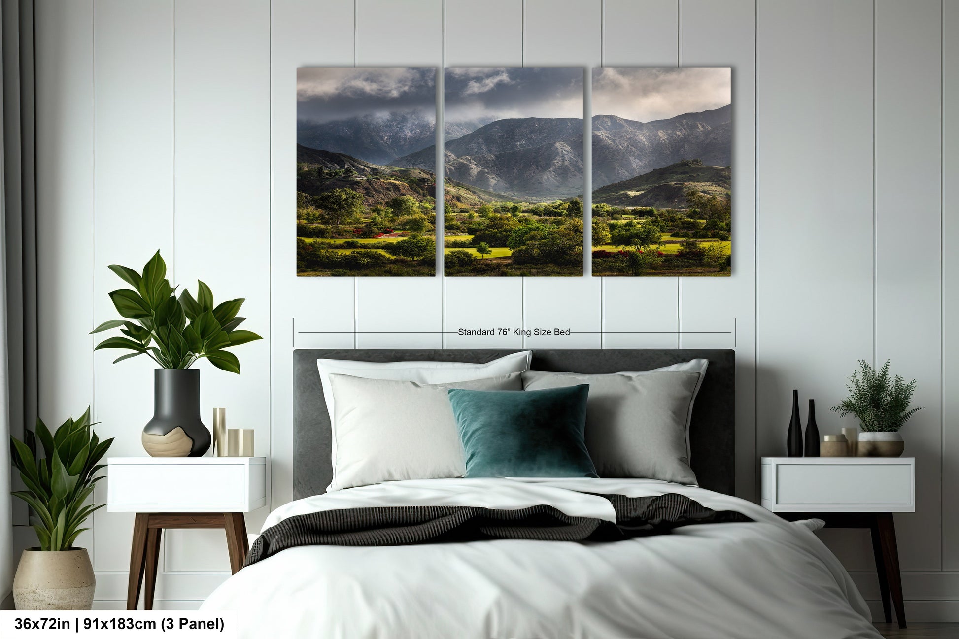 a bed room with a neatly made bed and a painting on the wall