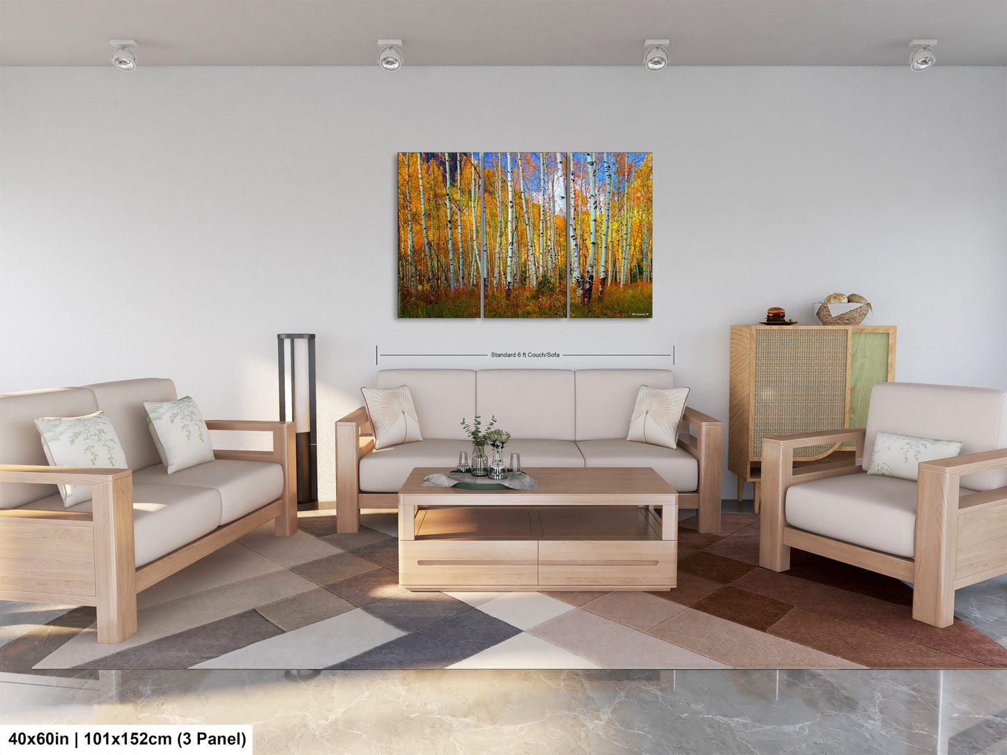 a living room filled with furniture and a painting on the wall