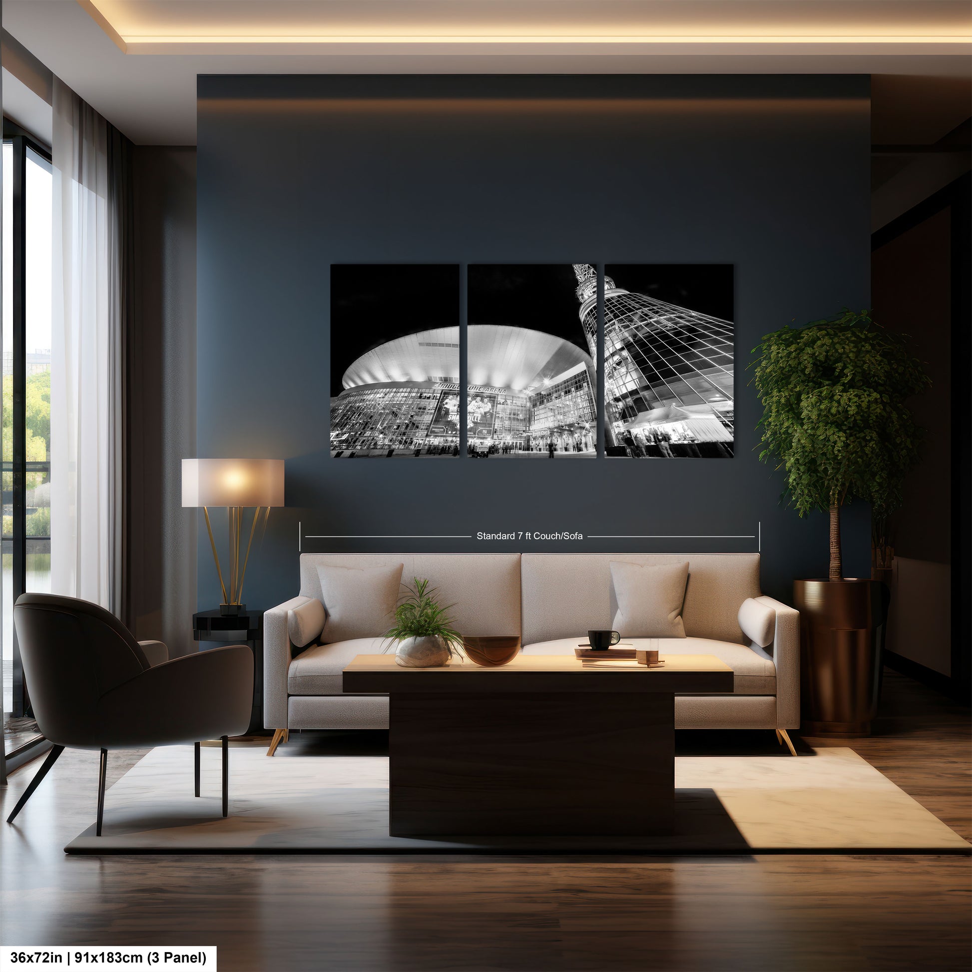 a living room filled with furniture and a large window