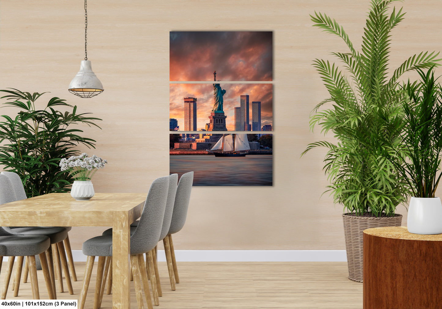 a room with a table and chairs and a painting on the wall