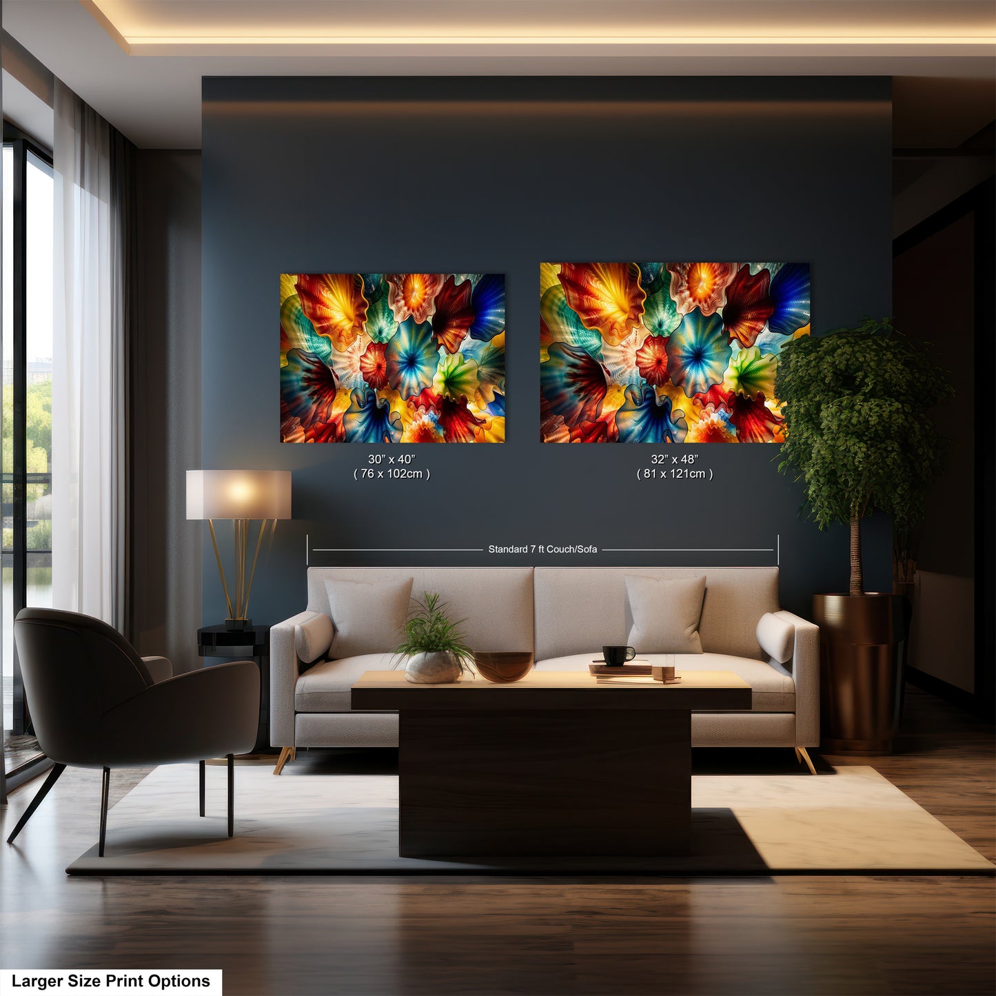 a modern living room with a large abstract painting of colorful flowers on the wall, a white sofa, a wooden coffee table, and a large window.