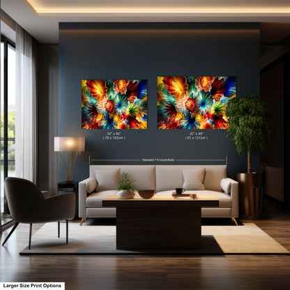 a modern living room with a large abstract painting of colorful flowers on the wall, a white sofa, a wooden coffee table, and a large window.