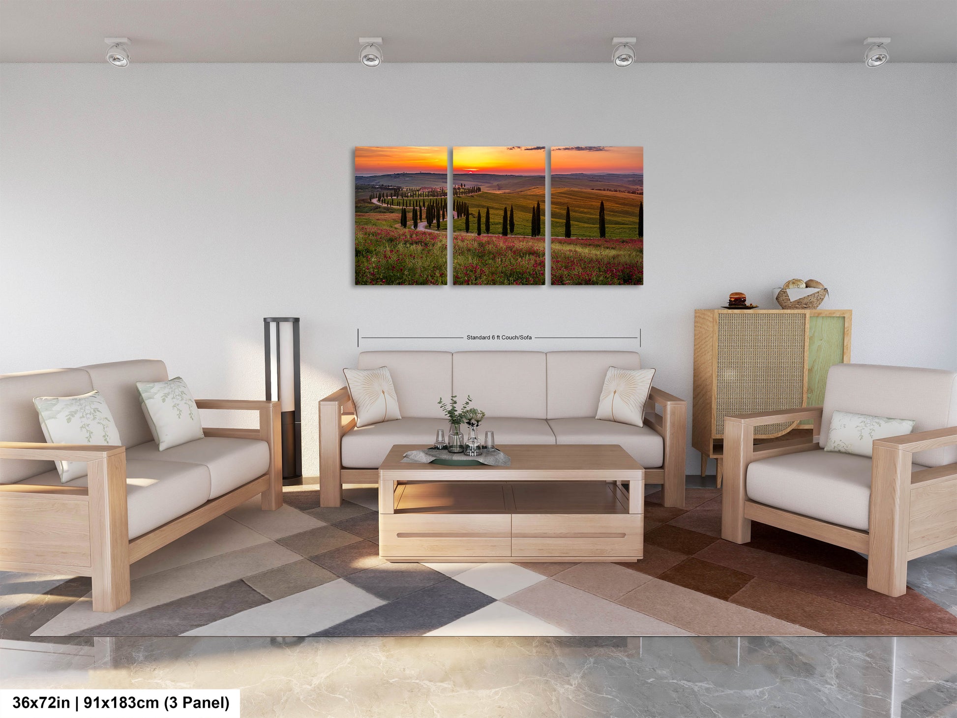 a living room filled with furniture and a painting on the wall