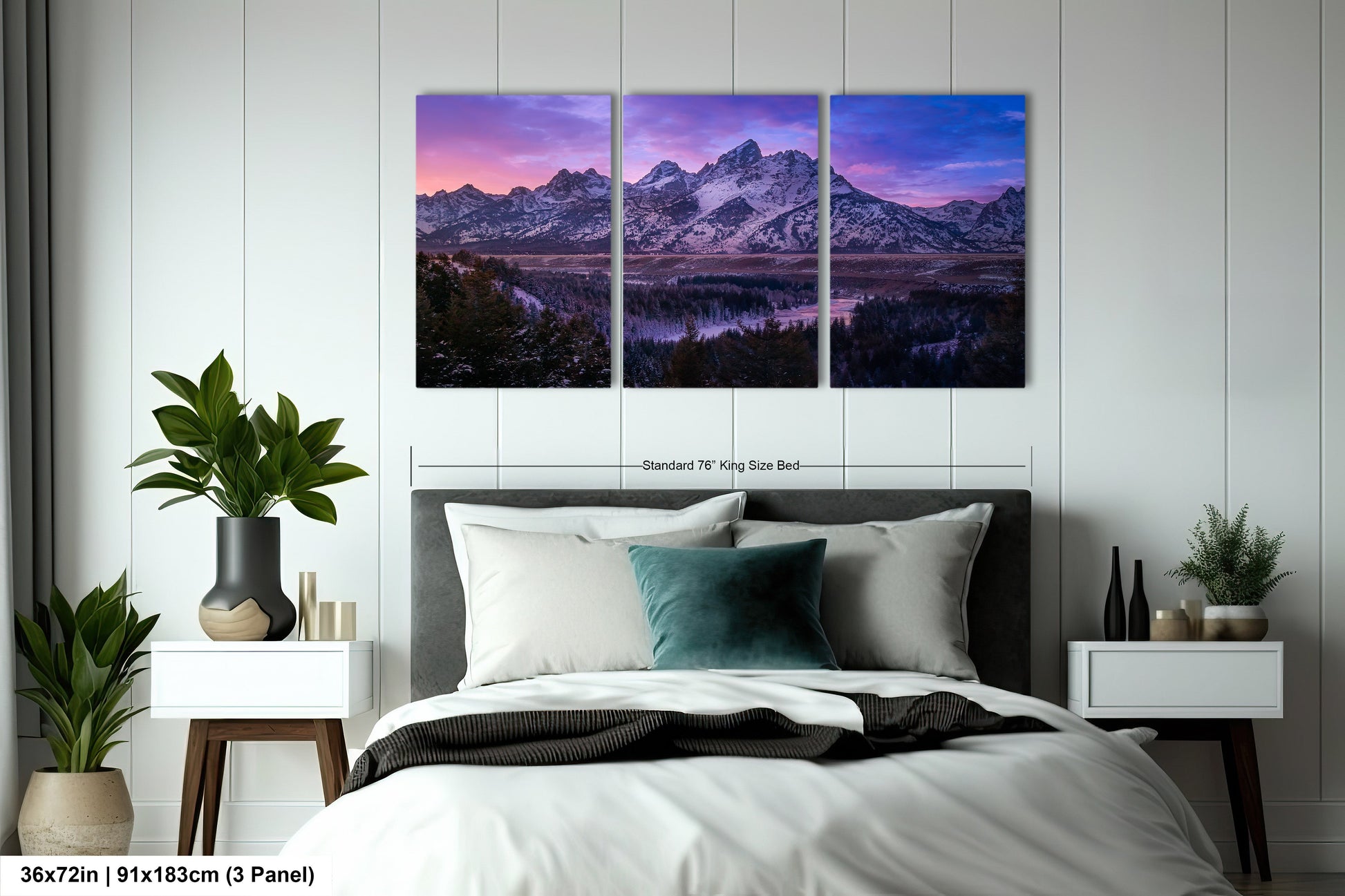 a bedroom scene with a bed and two paintings on the wall