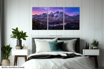 a bedroom scene with a bed and two paintings on the wall