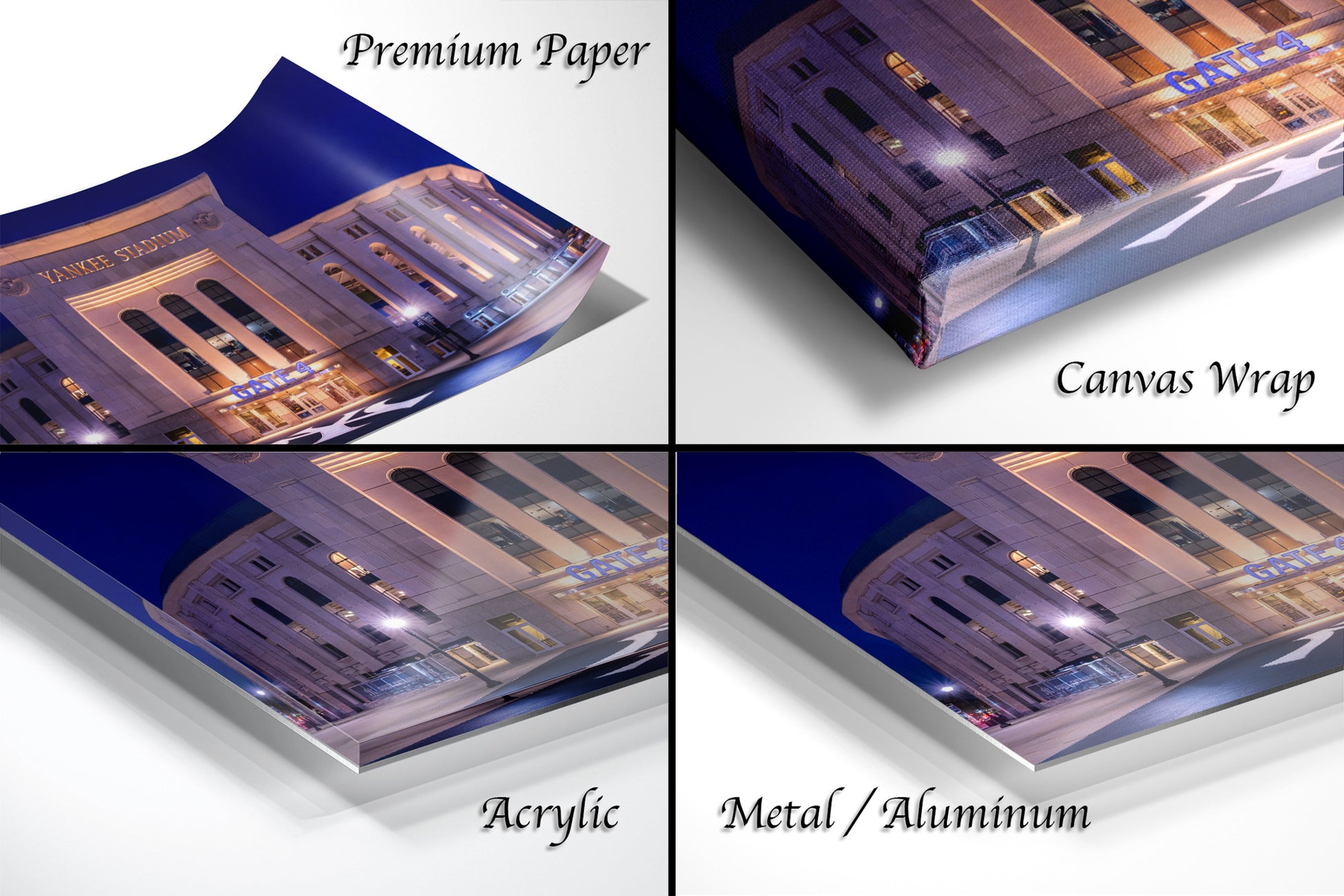 The image is a collage of four different views of a building at night, with the first three images showing the building from different angles and the fourth image showing the building from a different perspective.