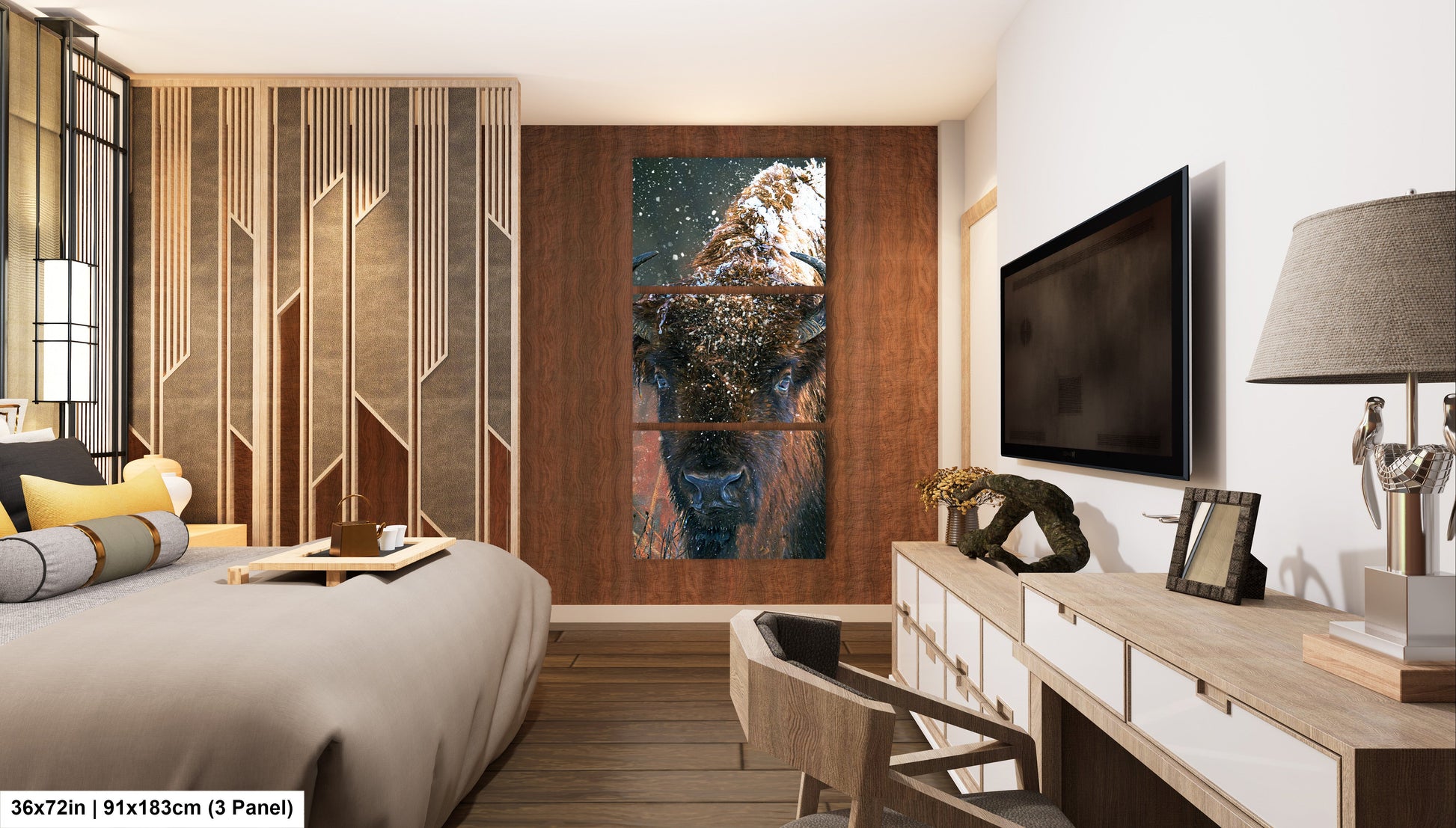 a bed room with a neatly made bed and a flat screen tv