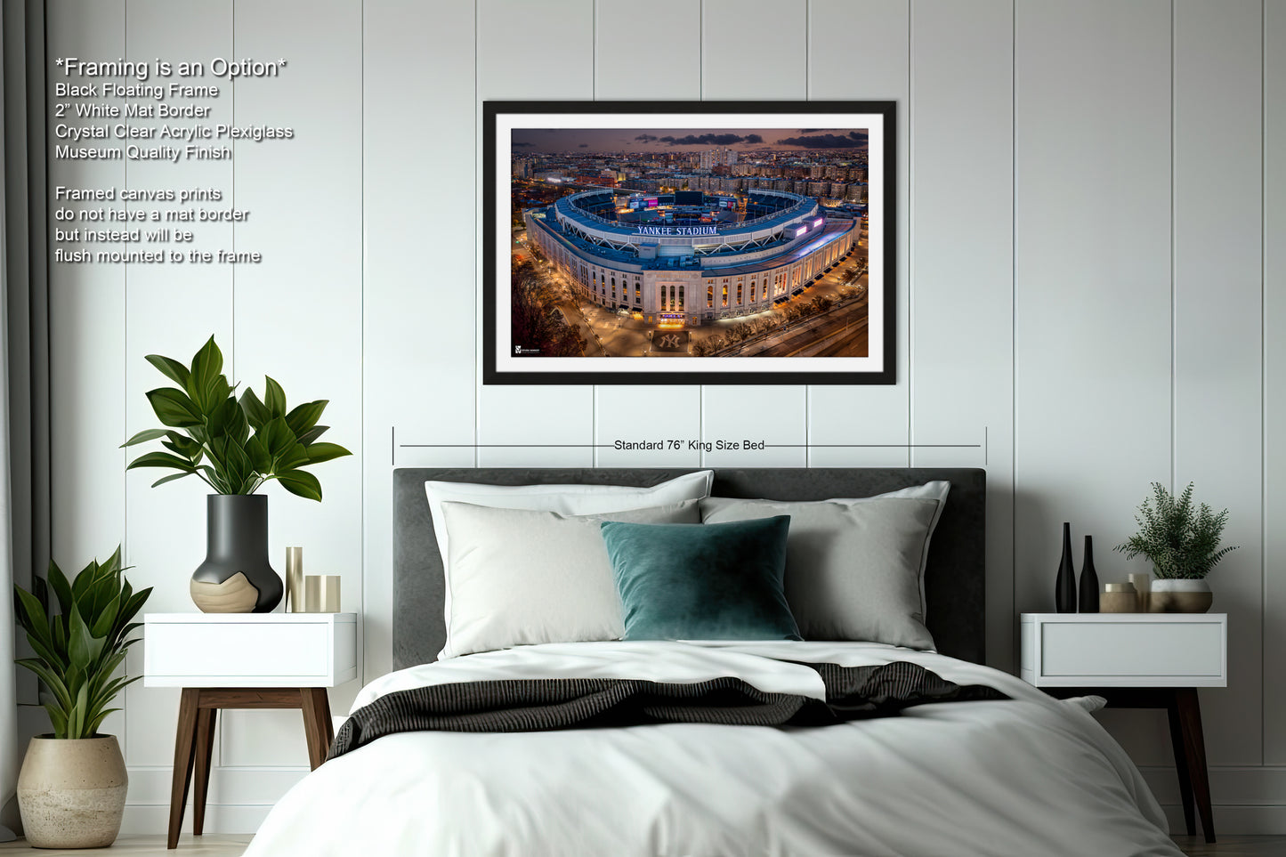 a bedroom with a large bed and a picture on the wall