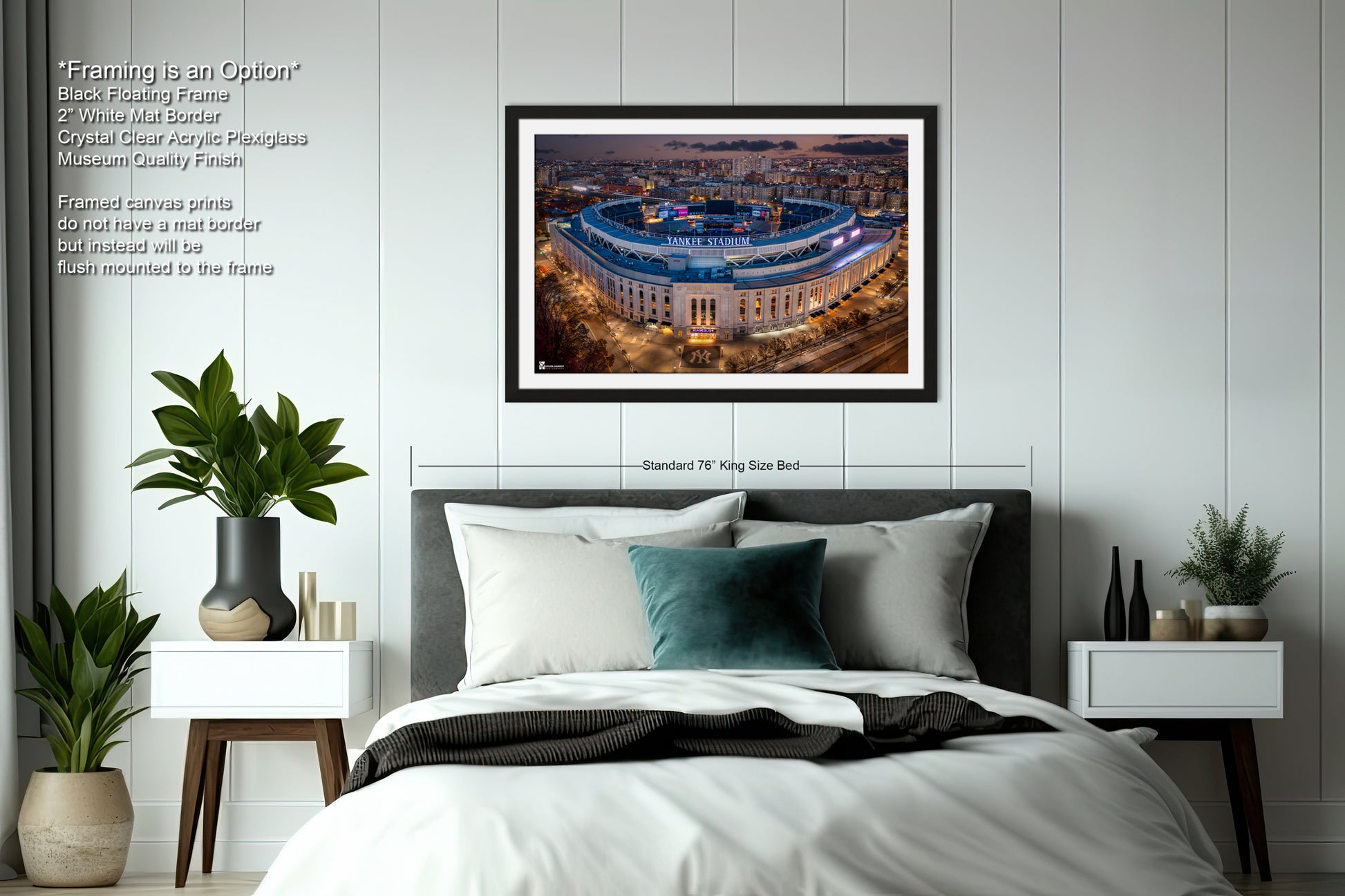 a bedroom with a large bed and a picture on the wall