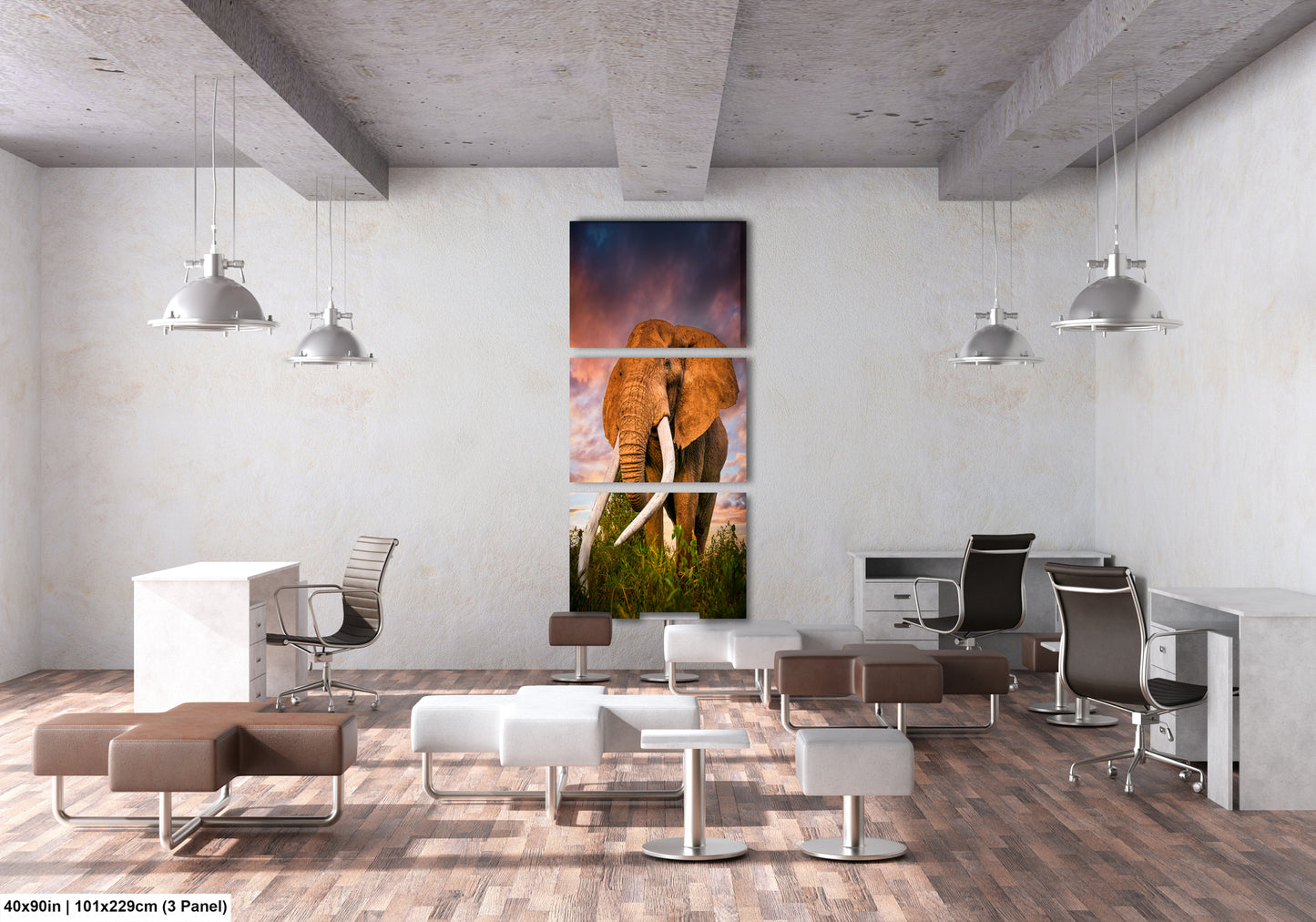 a room with a painting of an elephant on the wall