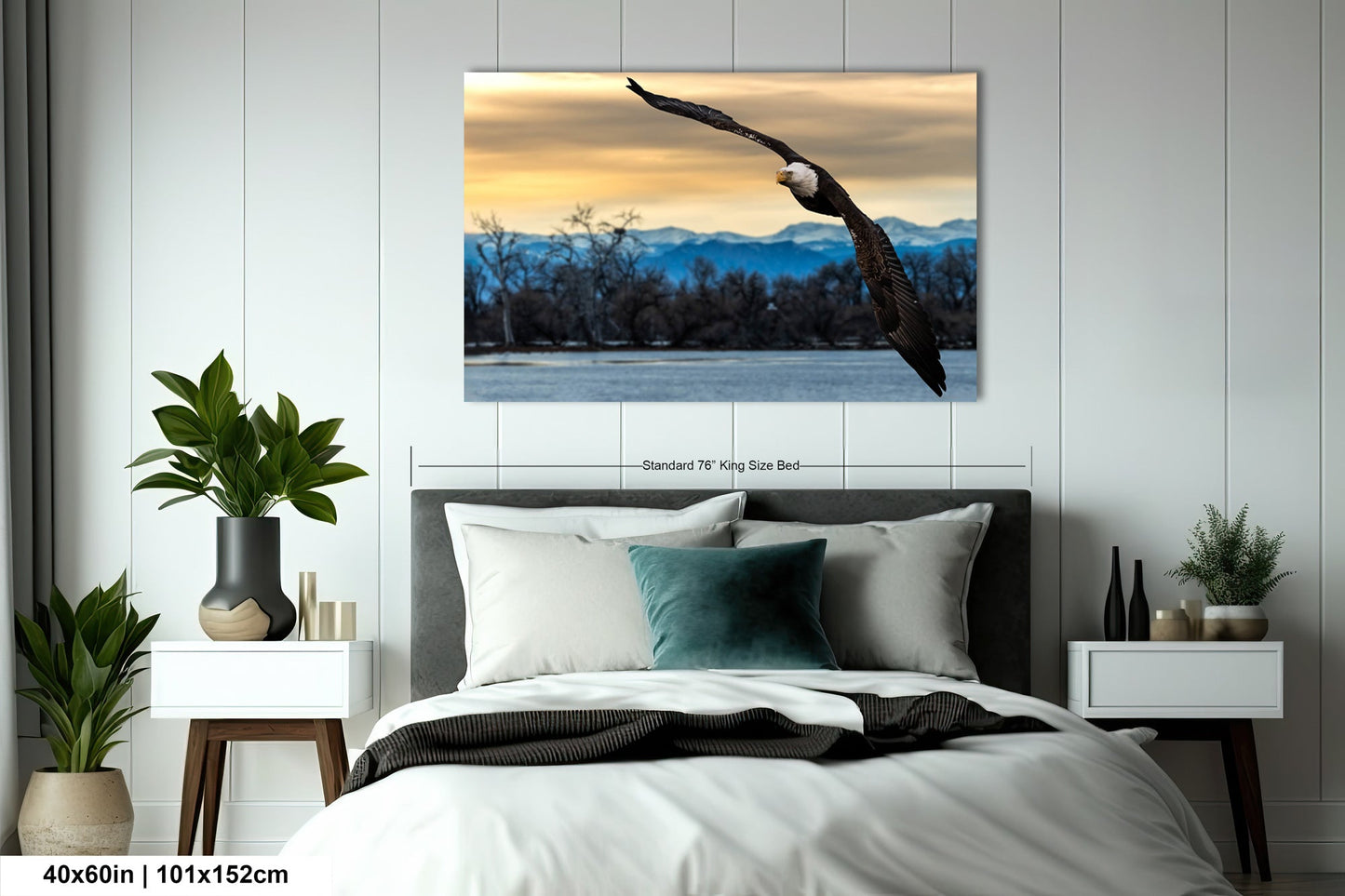 a large bird flying over a bed in a bedroom