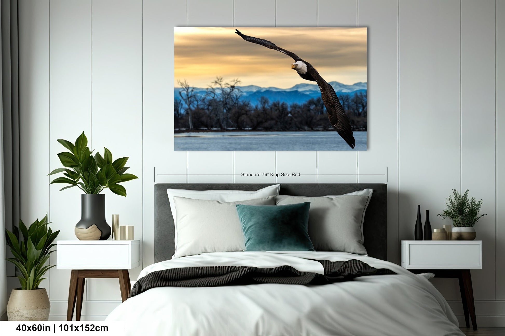 a large bird flying over a bed in a bedroom
