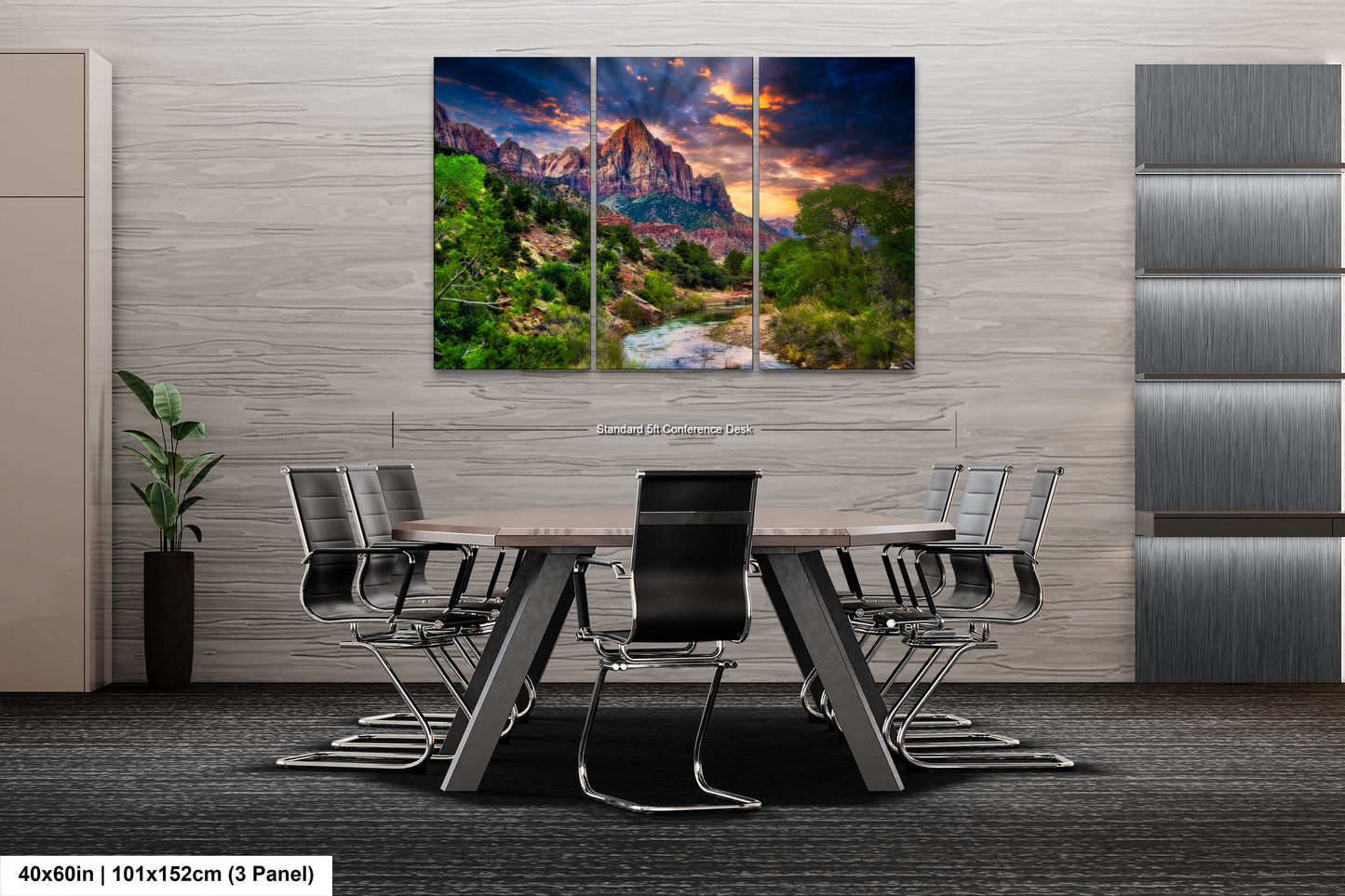 a dining room table with chairs and a painting on the wall