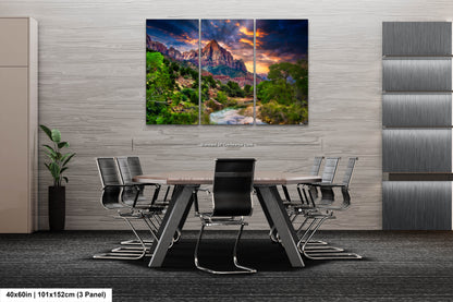 a dining room table with chairs and a painting on the wall