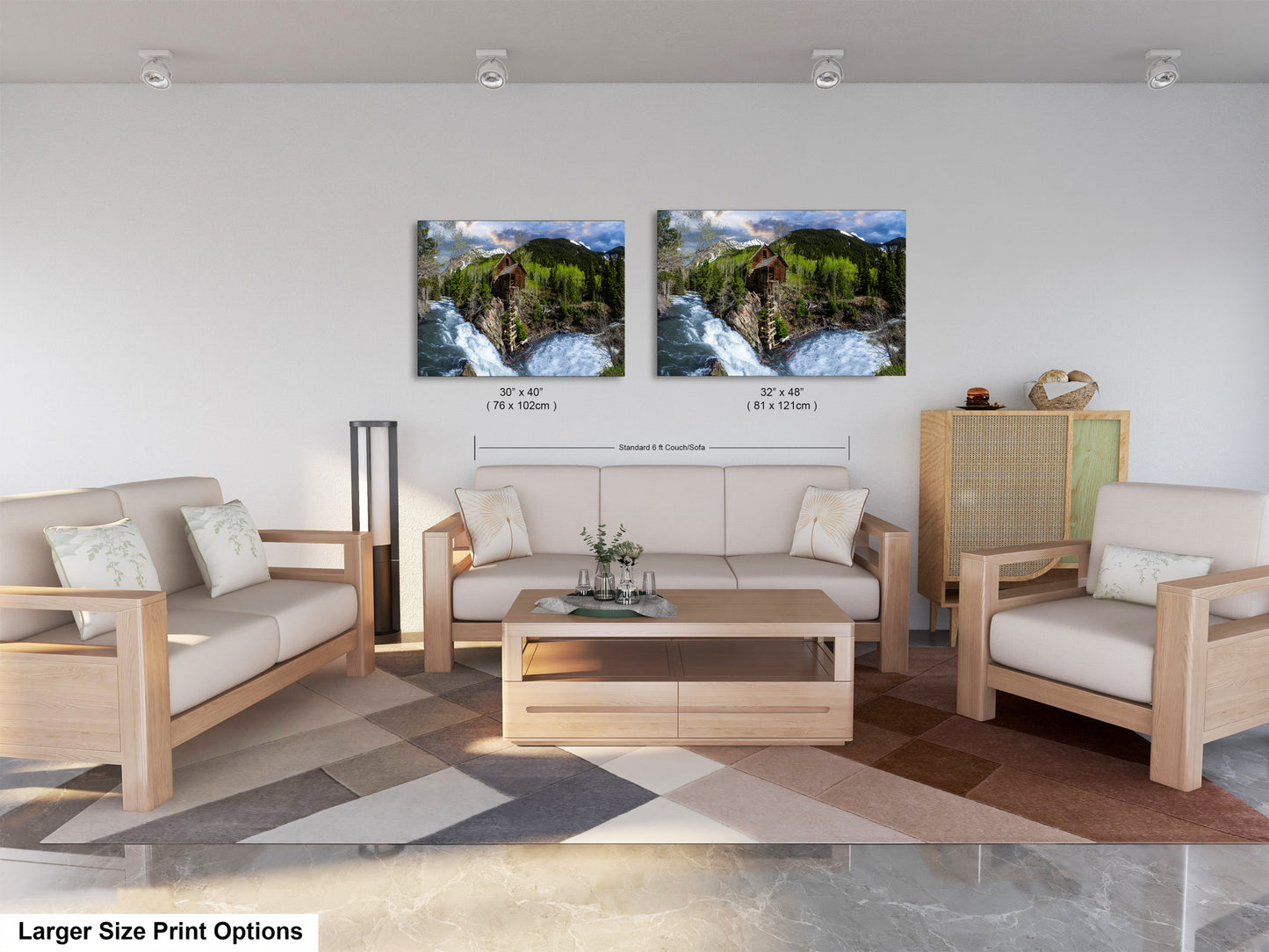 a living room filled with furniture and a painting on the wall
