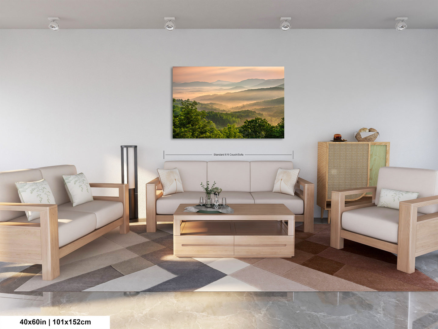 a living room filled with furniture and a painting on the wall