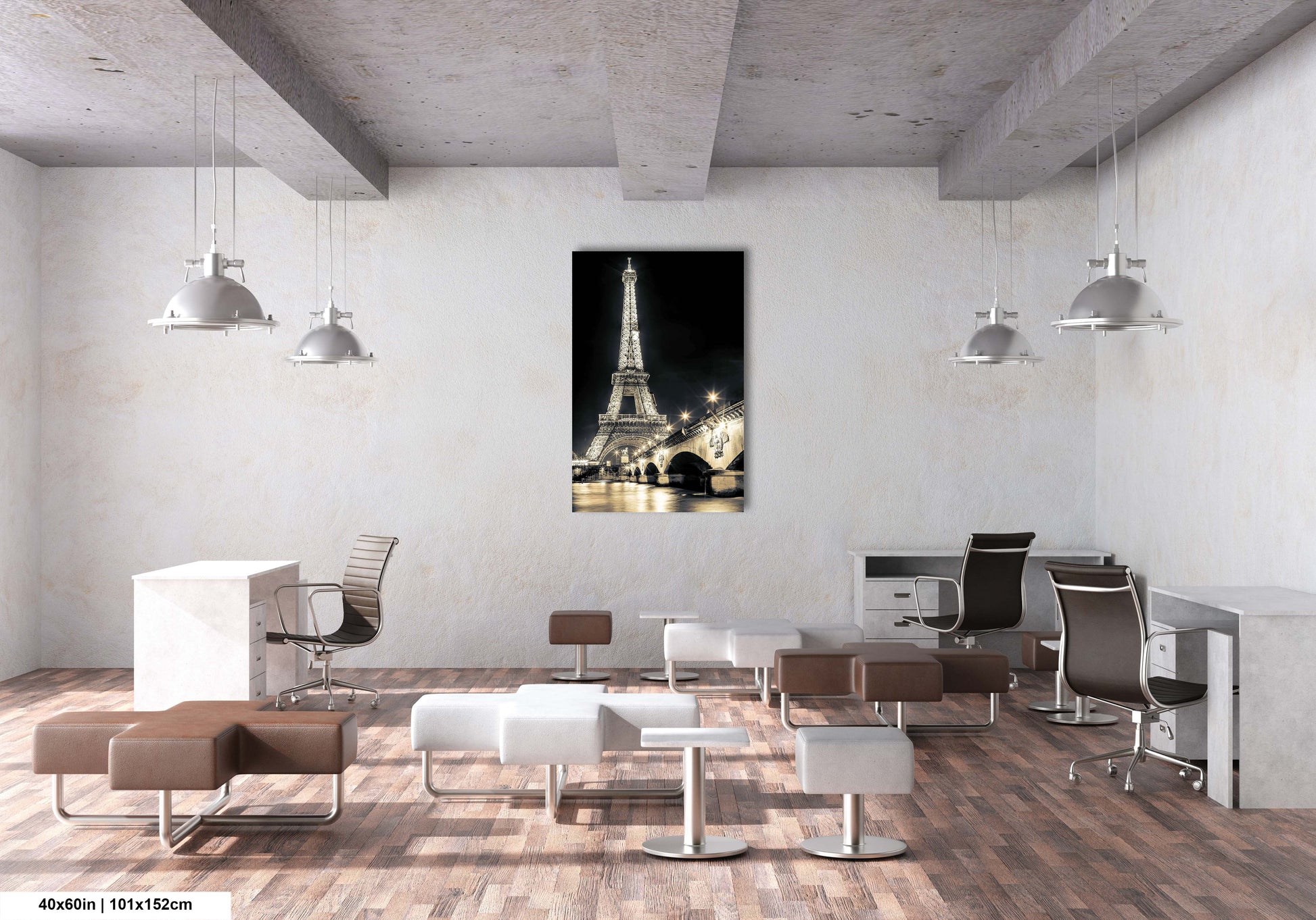 a room with chairs, a desk and a picture of the eiffel tower