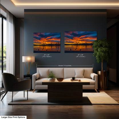 The image is a modern living room with a large sofa, a coffee table, and a lamp. Two framed landscape paintings are hanging on the wall above the sofa, depicting a sunset over a body of water.