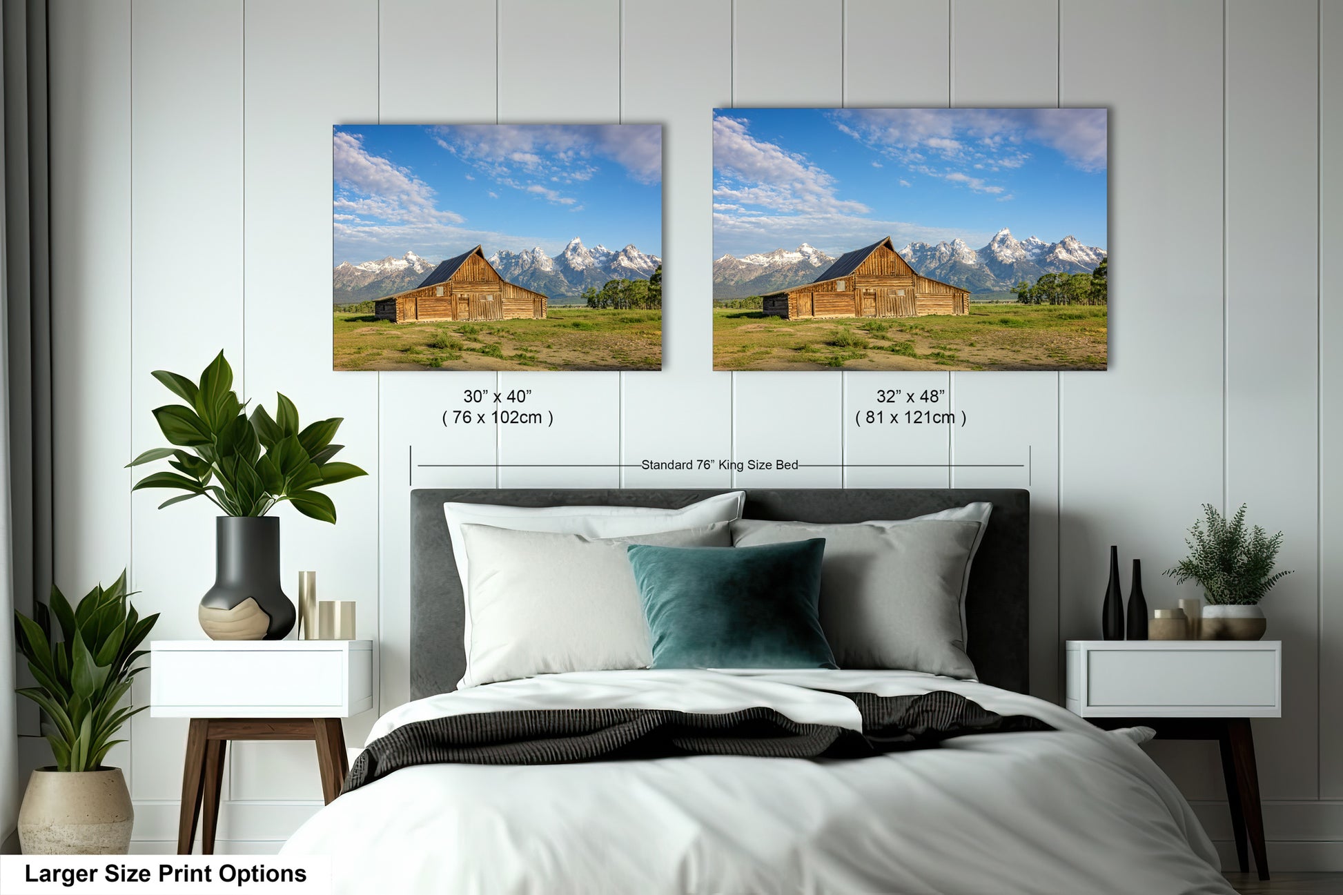 a bedroom with a bed and two pictures on the wall