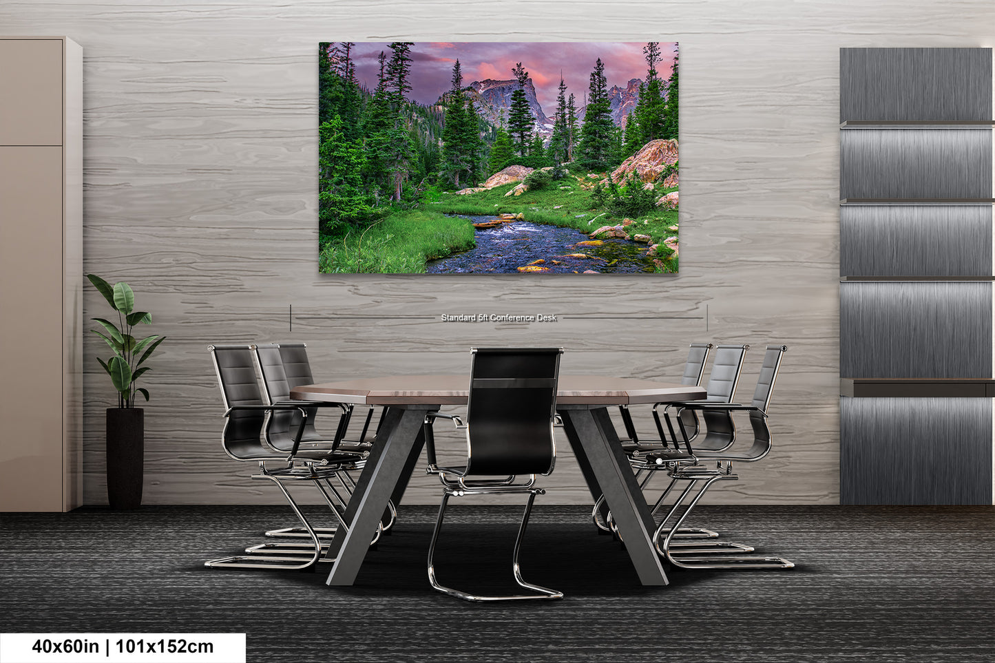 a painting of a river running through a forest