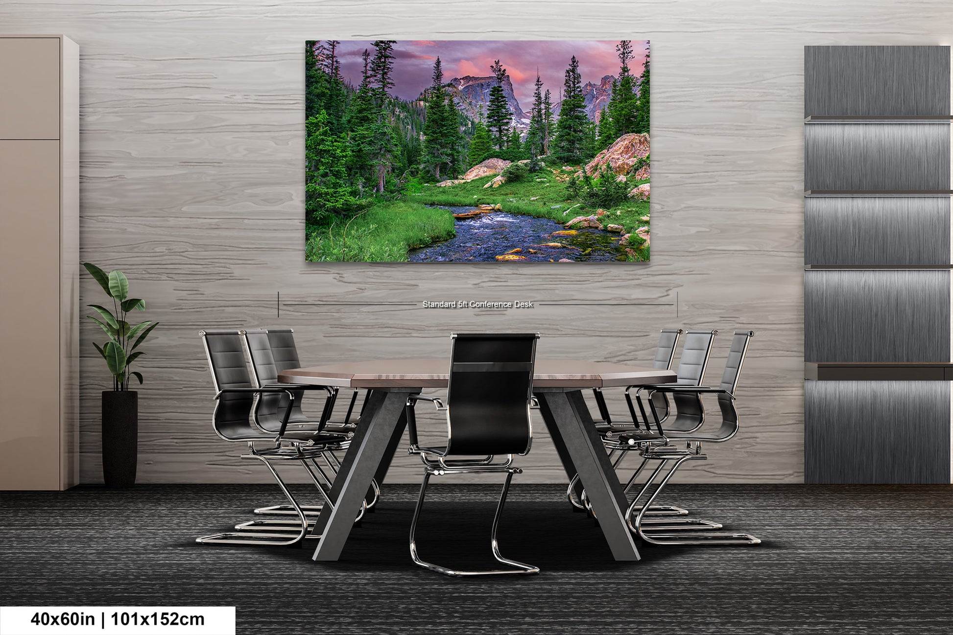 a painting of a river running through a forest