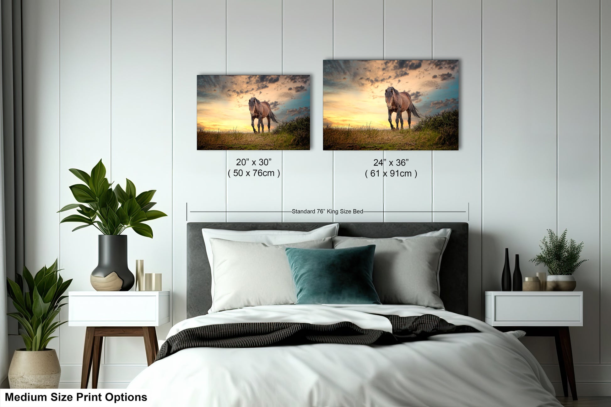 a bedroom with two pictures of horses on the wall