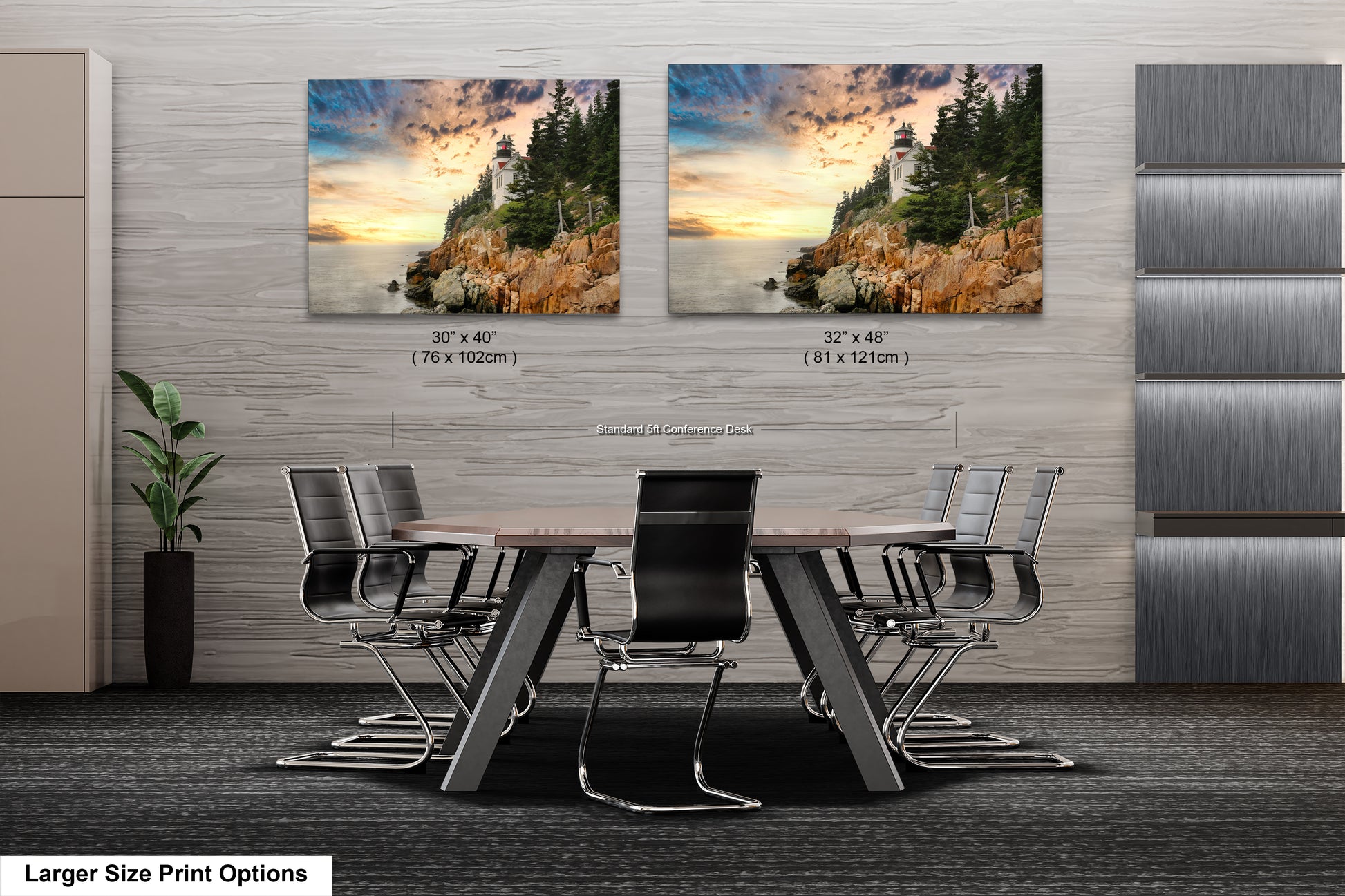 a dining room table with chairs and two pictures on the wall