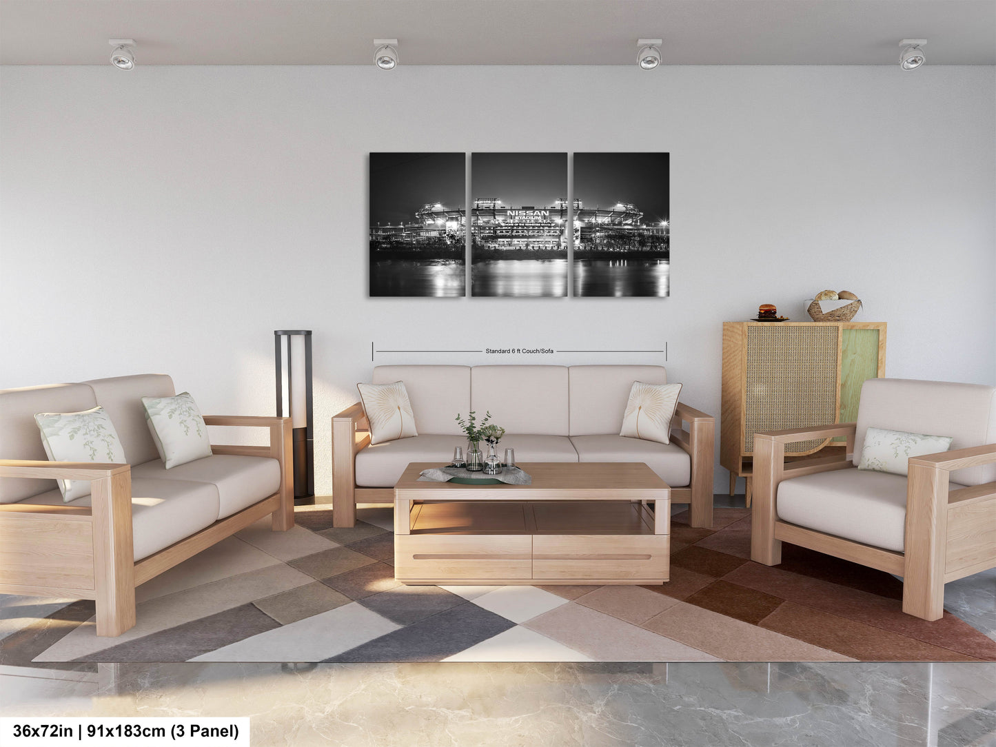a living room filled with furniture and a painting on the wall