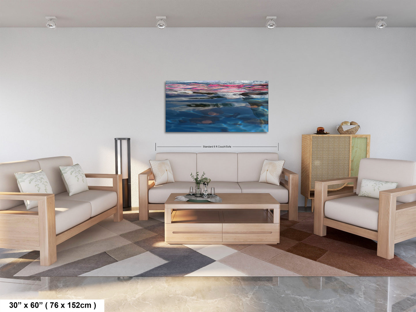 a living room filled with furniture and a painting on the wall