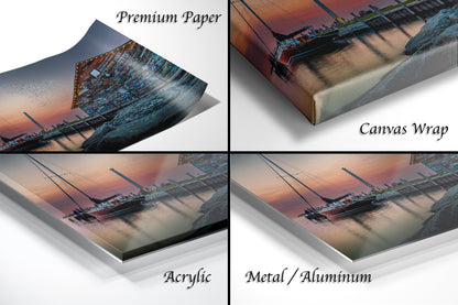 The image is a collage of four different views of a sunset over a body of water, with a boat visible in each view.