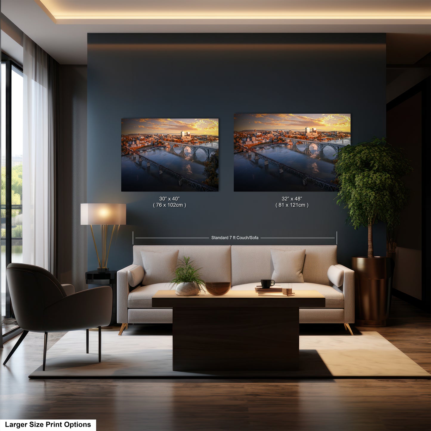 a living room with two pictures on the wall
