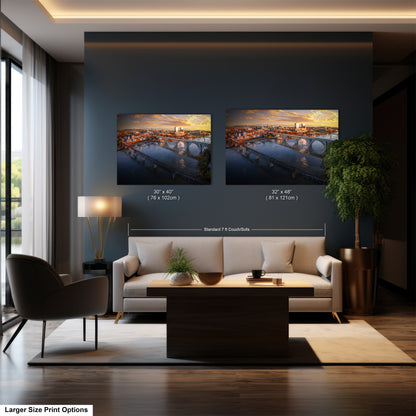 a living room with two pictures on the wall