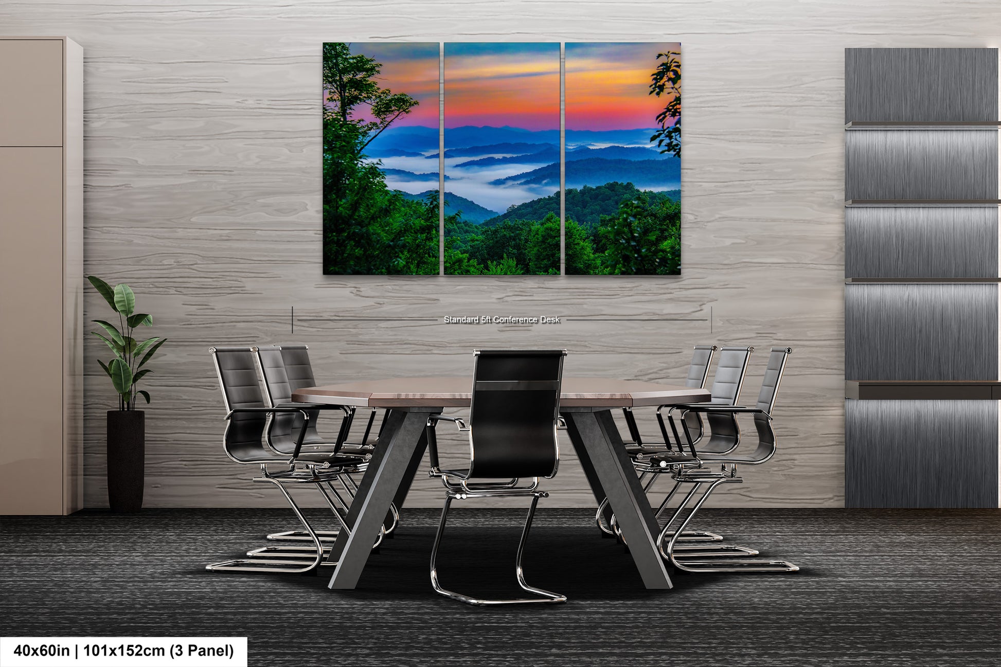 a dining room table with chairs and a painting on the wall