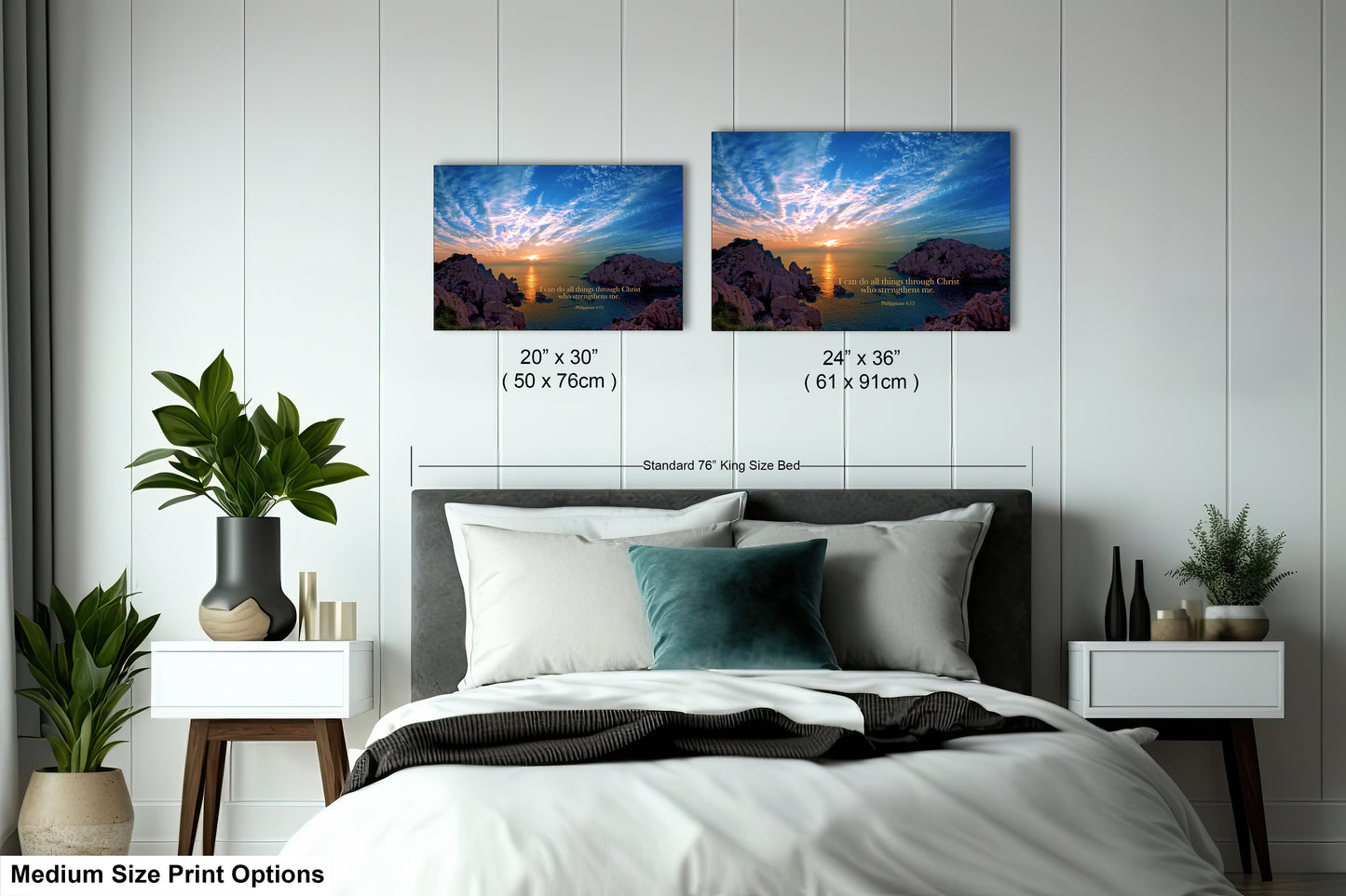 a bed with two pictures on the wall above it