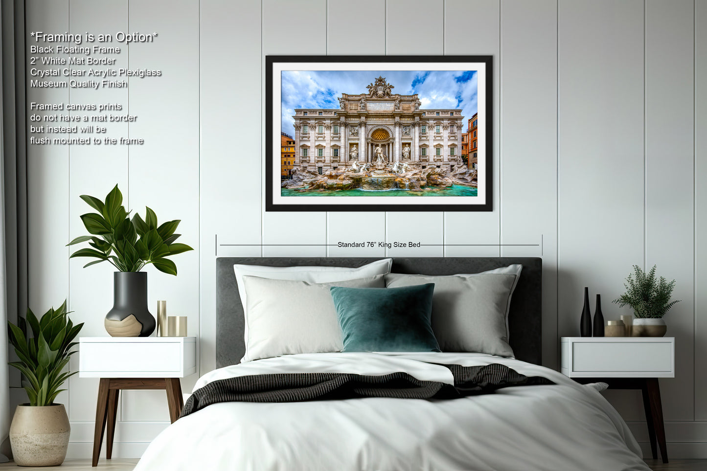 a bedroom with a large bed and a painting on the wall