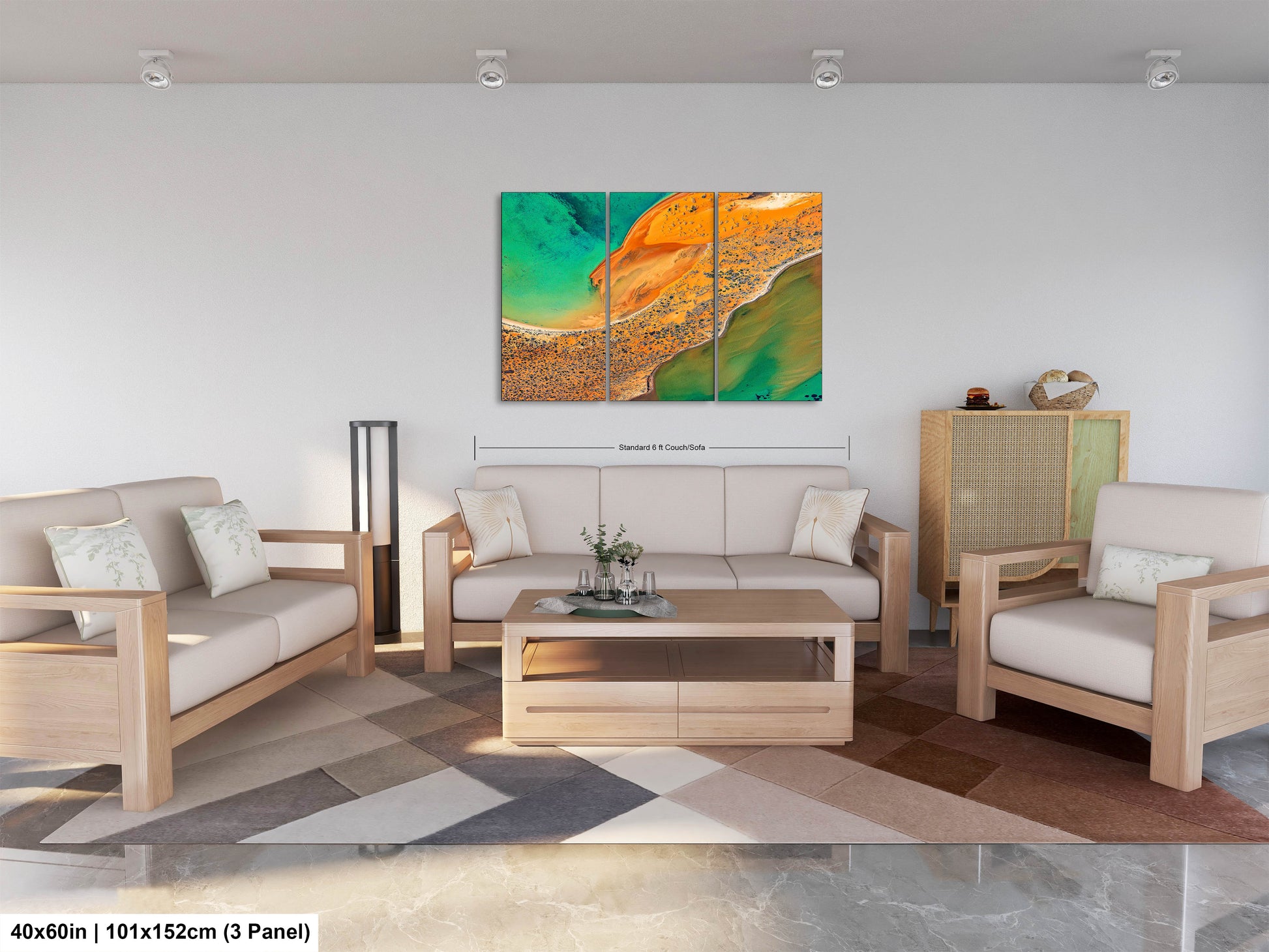 a living room filled with furniture and a painting on the wall