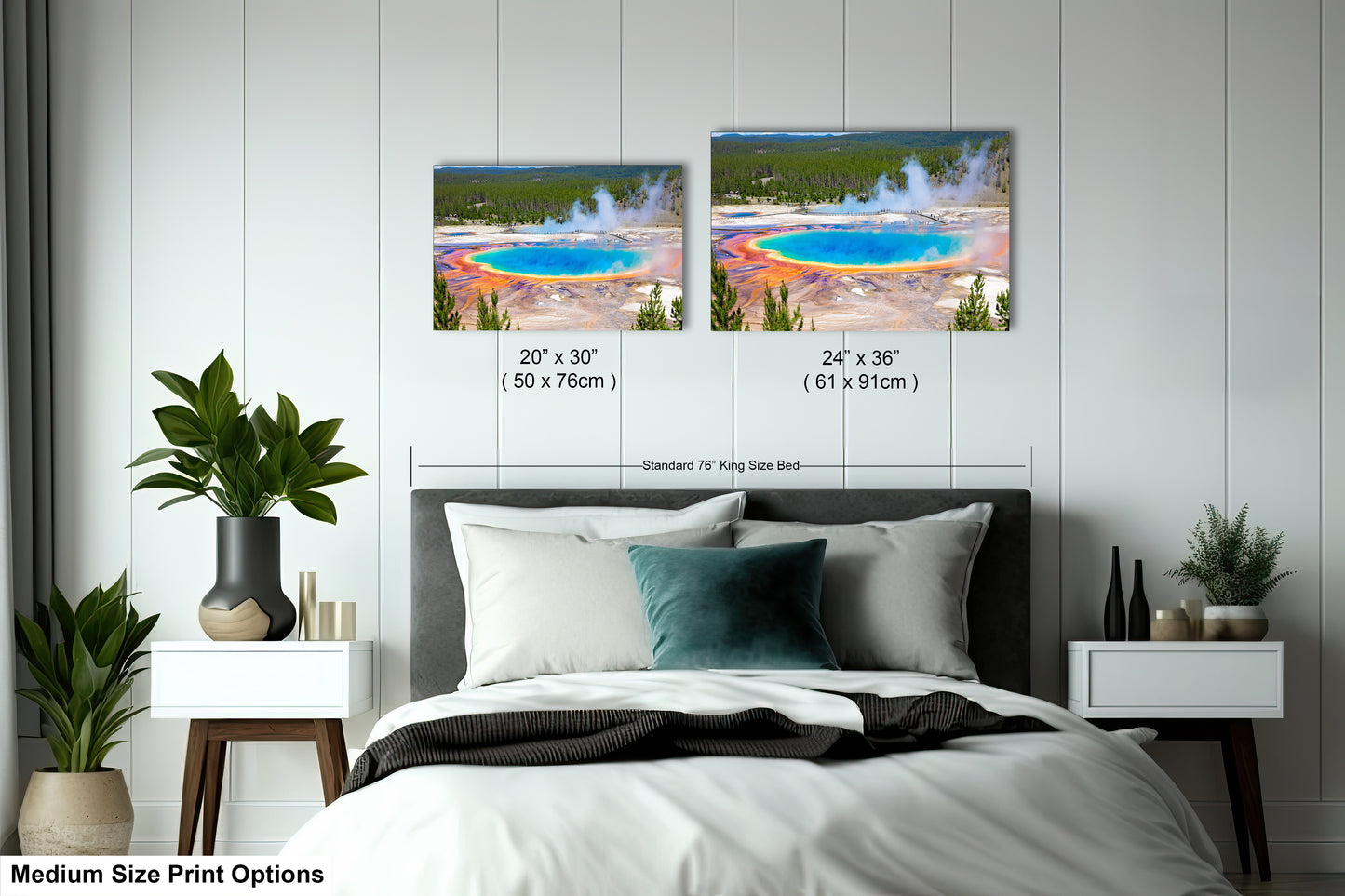 a bedroom with a bed and two pictures on the wall