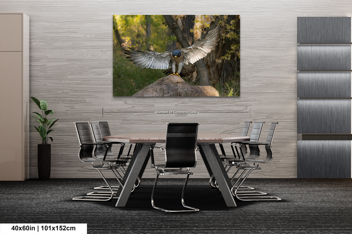 a large bird of prey, possibly a hawk or falcon, with its wings spread wide, perched on a rock in a natural setting.