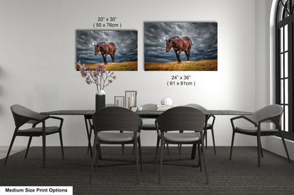 a dining room table with four chairs and a picture of a horse on the wall