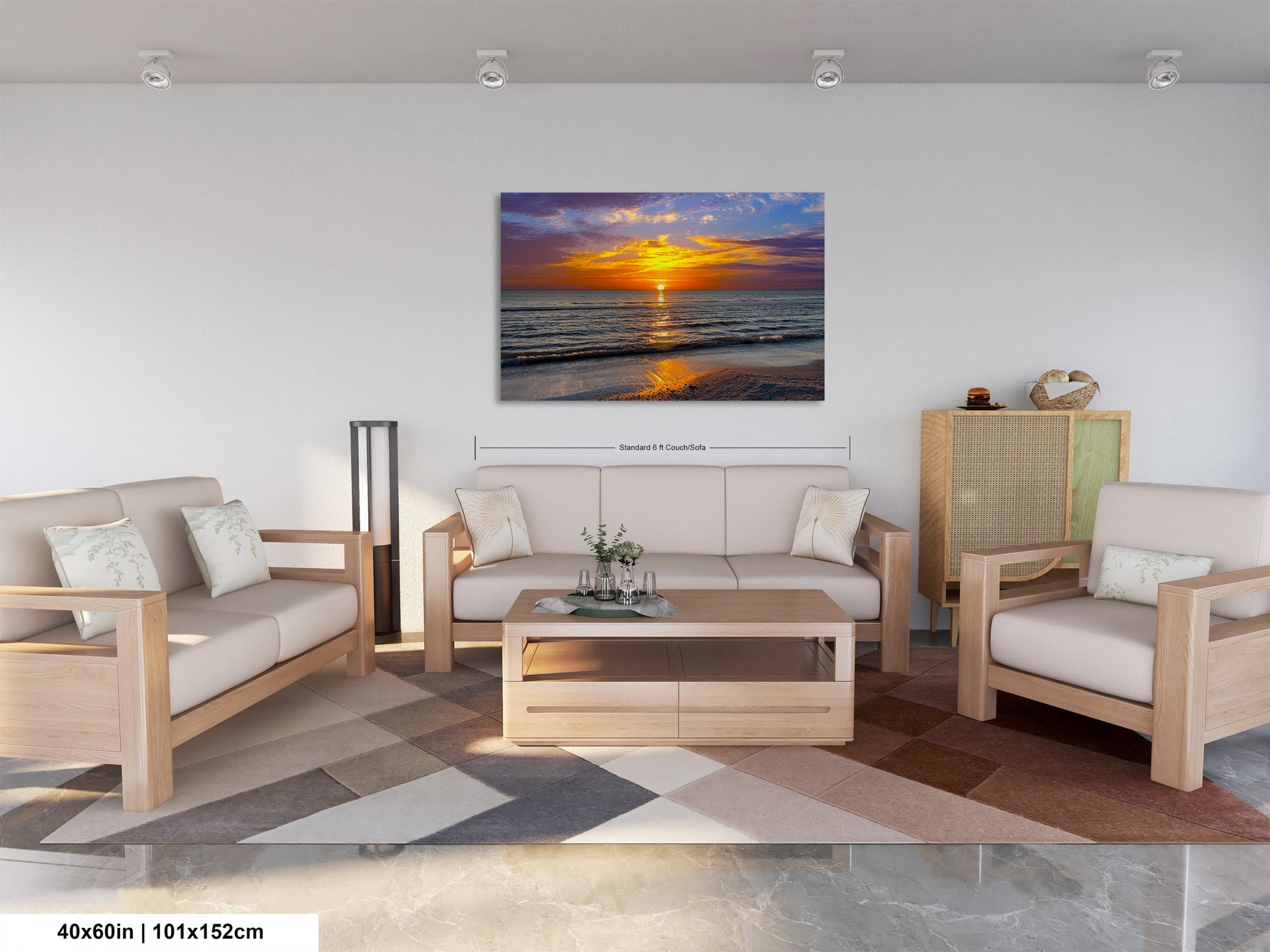 a living room filled with furniture and a painting on the wall