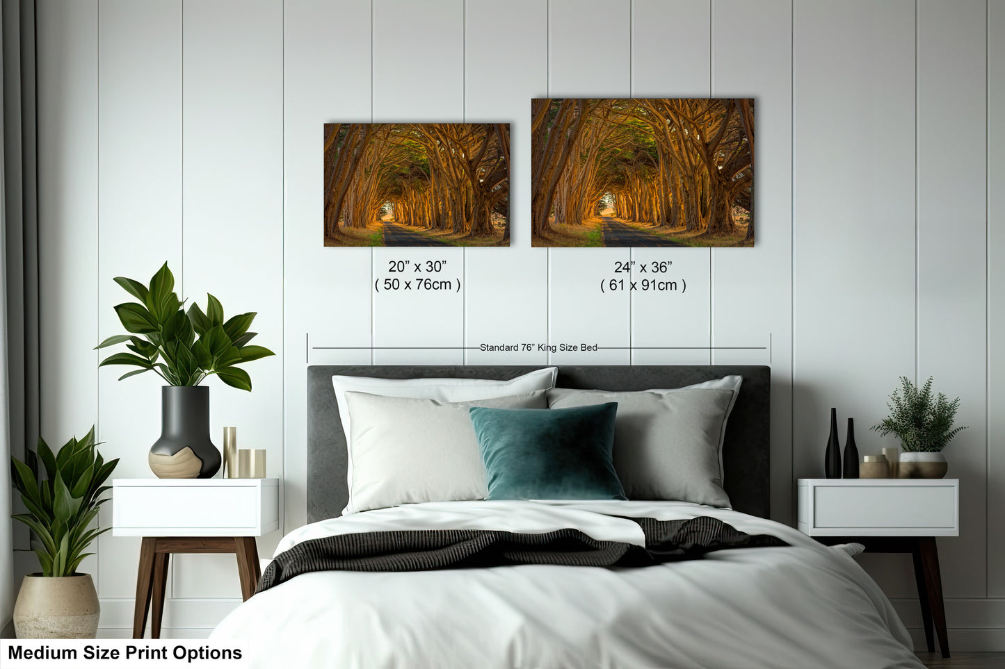 a bedroom with a bed and two pictures on the wall