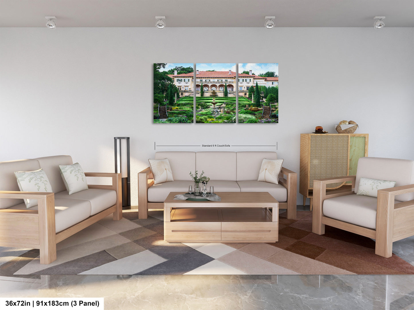 a living room filled with furniture and a painting on the wall